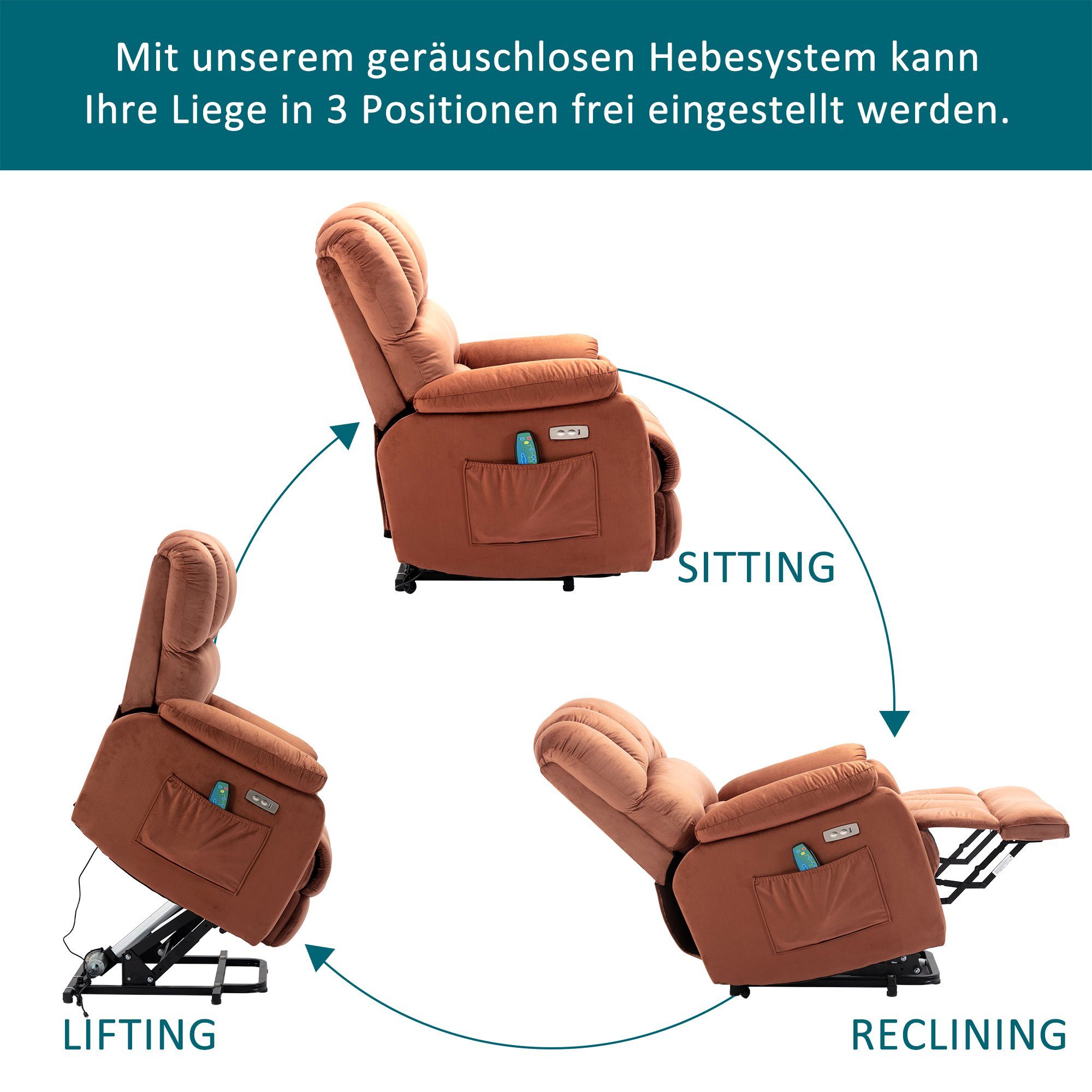TV-Sessel (Fernsehsessel mit Aufstehhilfe, elektrisch Massagesessel mit Fernbedienung, bis 135 kg belastbar), Relaxsessel mit Liegefunktion, Wärmefunktion und Massagefunktion