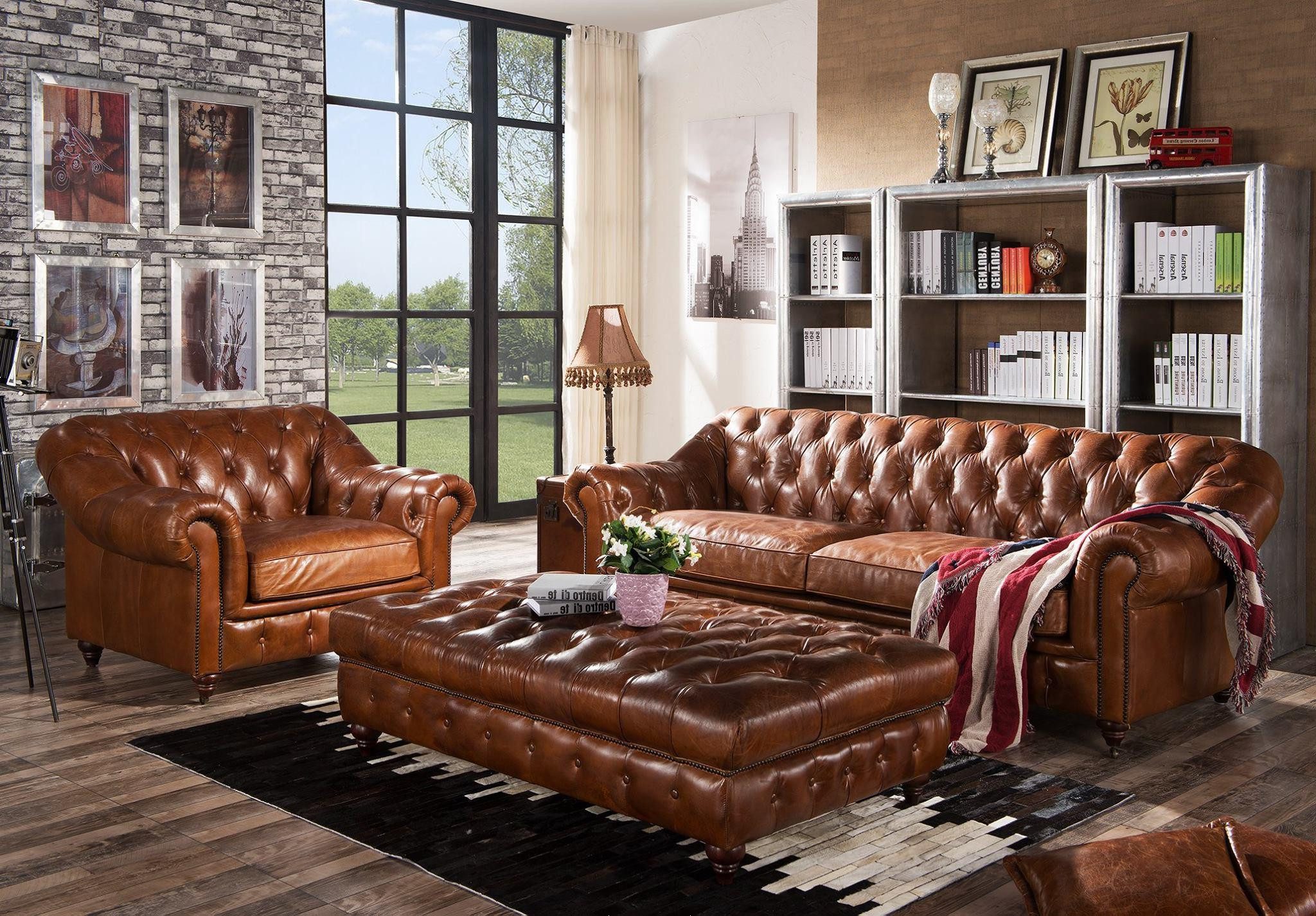 Wohnzimmer-Set Vintage-Sofa-Set mit 3 Sitzplätzen im Chesterfield-Stil und englischem