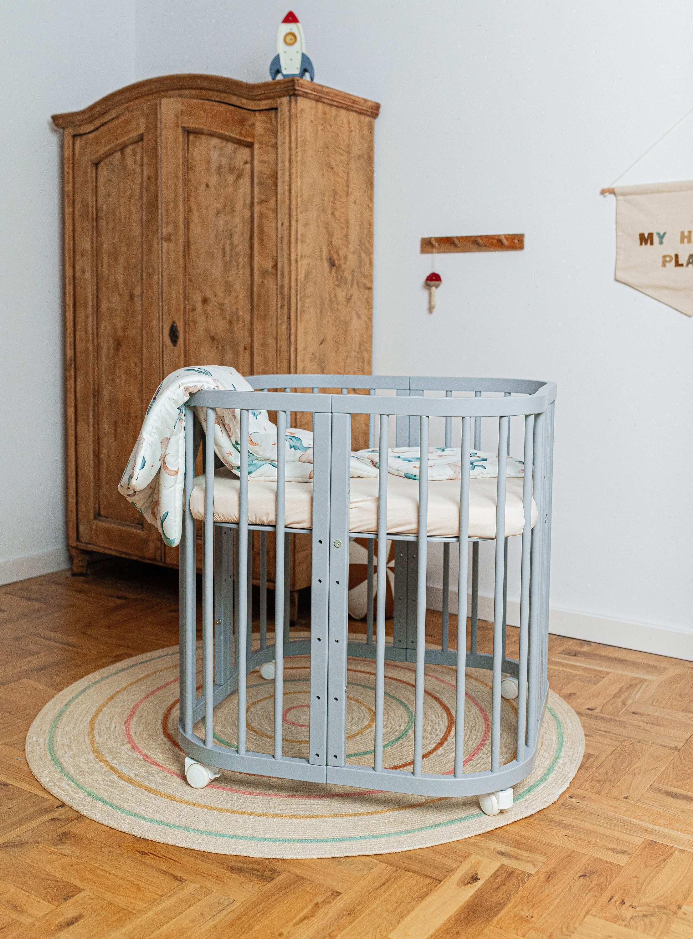 Waldin Babybett Mobiles Babybett aus Holz 7in1 mit Matratze, mitwachsend