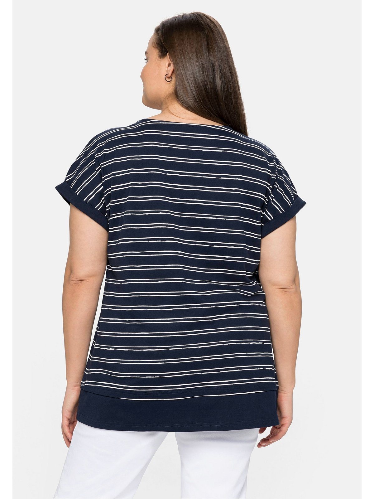 Große Sheego T-Shirt Größen reiner Lagenlook, aus Baumwolle im marine-weiß