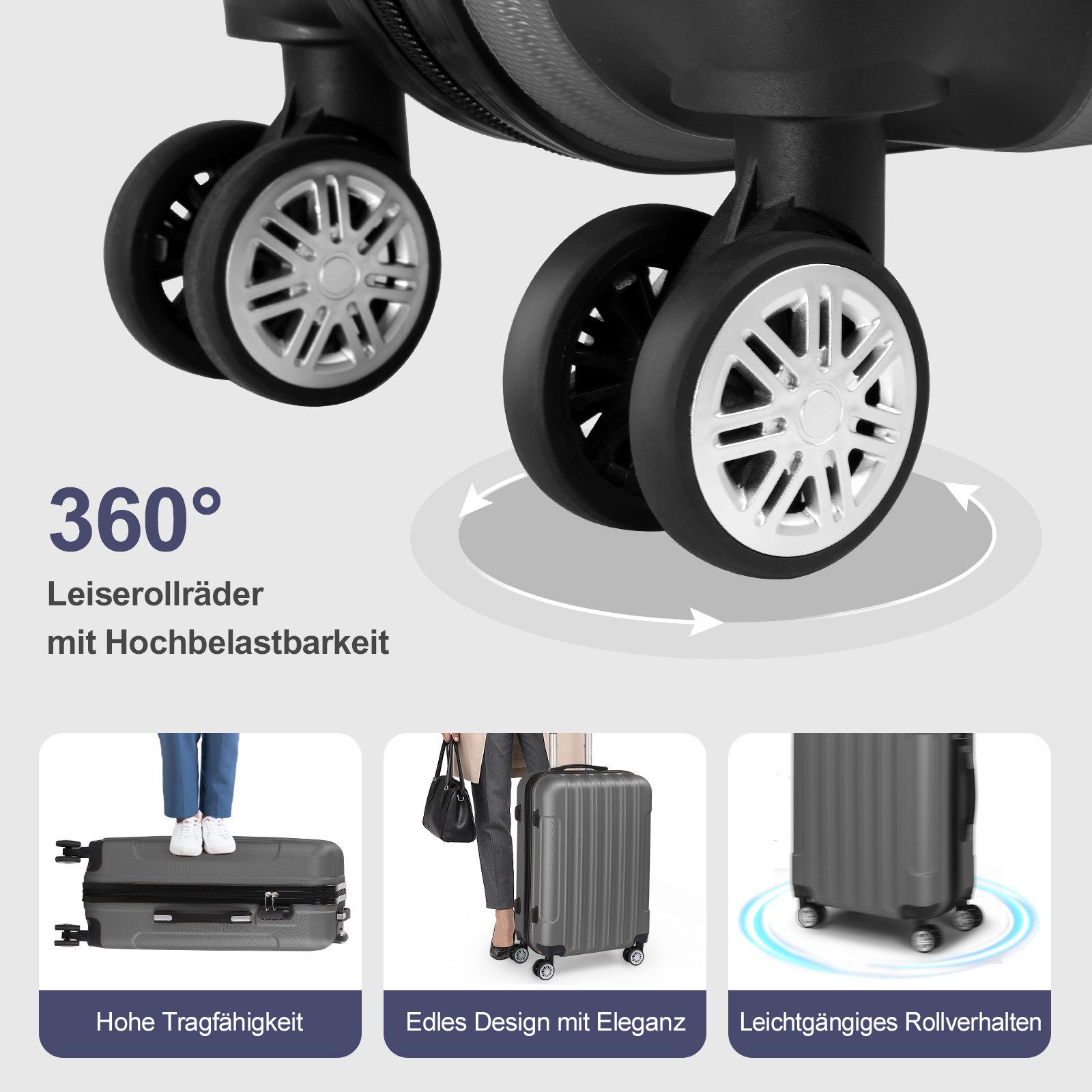 LALAHO Trolley Kofferset Hartschale Reisekoffer, 360° Rollen, 4 Rollen, 4er Set Handgepäck, moderner Koffer, Dunkelgrau – Bild 4 von 5