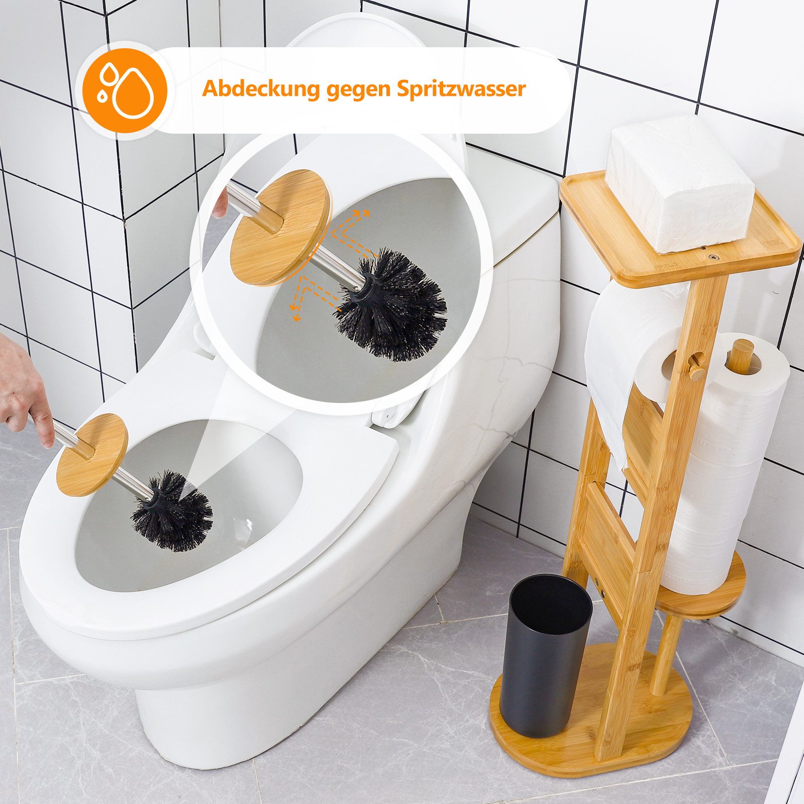 Yorbay WC-Garnitur Toilettenpapierhalter stehend aus Bambus, (WC-Bürstenhalter/Ablage, /Toilettenbürste/Klorollenhalter), Stand WC Garnitur mit Klobürste für WC, Toilette, Badezimmer
