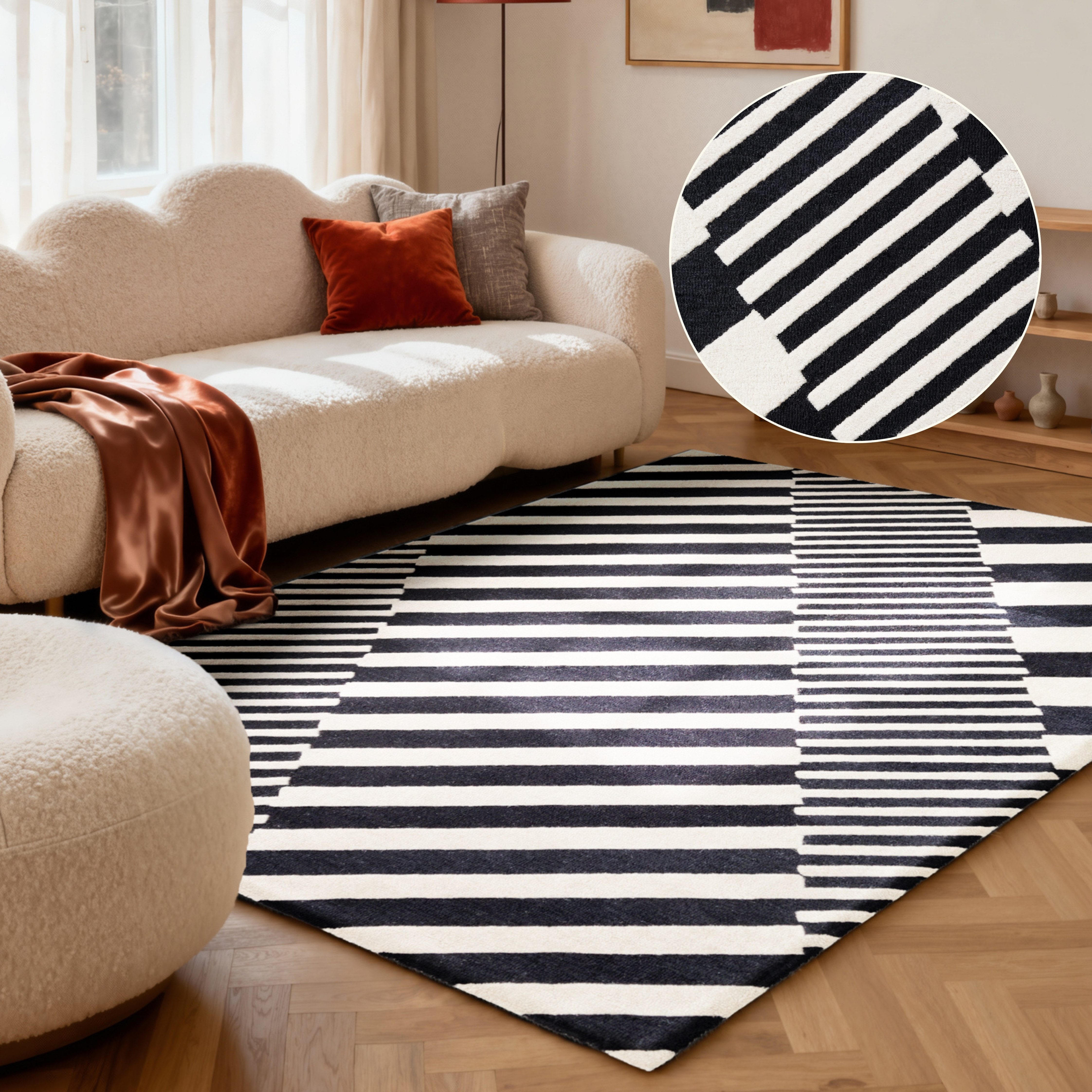 ELLE DECORATION Wollteppich Flux, rechteckig, Höhe: 12 mm, Wolle, Natur, Wohnzimmer, schwarz weiss, Geometrisch, Streifen