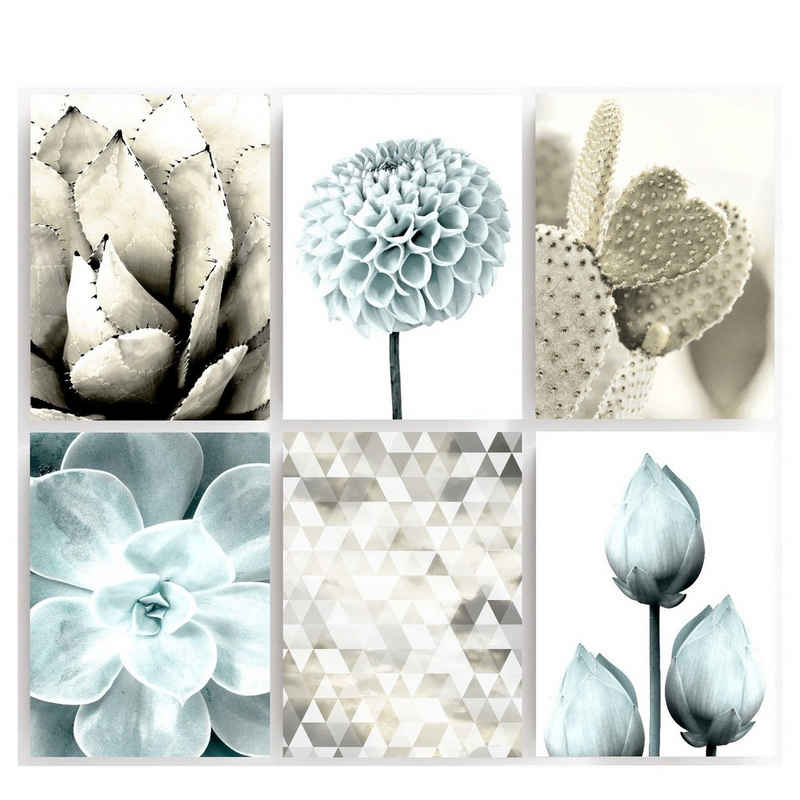 homestyle-accessoires Poster Bilderset FLOWERS SUCCULENTS BEIGE TÜRKIS 6er SET DIN A4 ODER DIN A3 Prints, Ohne Bilderrahmen