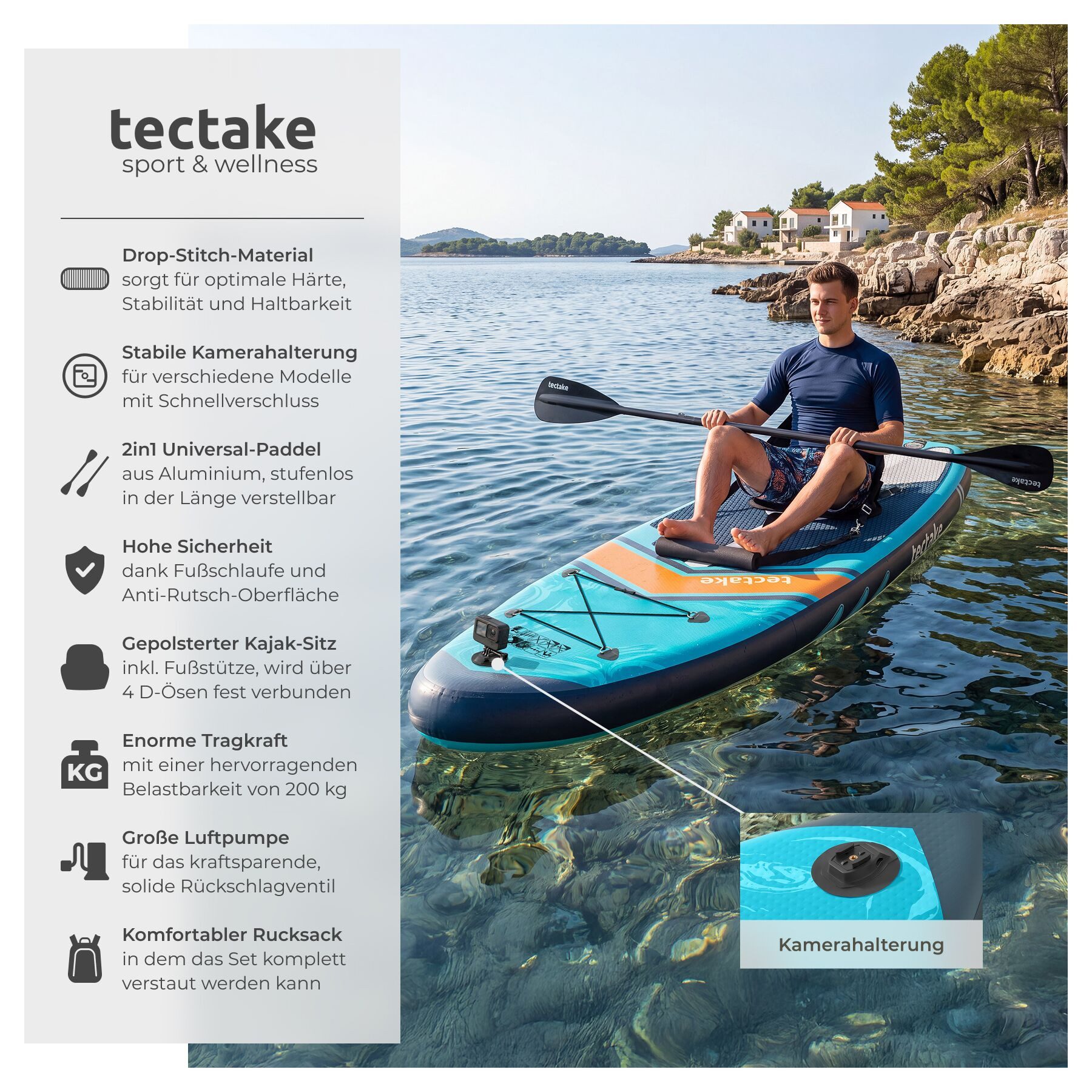 tectake SUP-Board Paddle Board aufblasbar, mit Kamerahalterung, Kajak-Sitz, rutschfest, Stand-up Paddle, (Sup Board Palagios, in Türkis/orange), Belastbar bis 200 kg, inkl. Zubehör