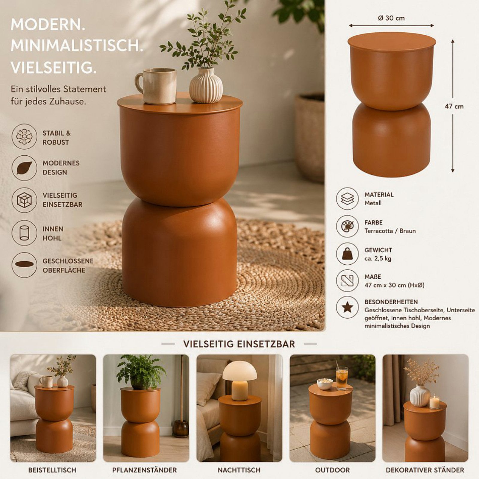 Koopman Beistelltisch Metalltisch Sofatisch Sanduhr Braun 47x30cm (Stück, 1-St., Packung), Ø 30cm, Terracottafarbend, Höhe 47cm, hohl