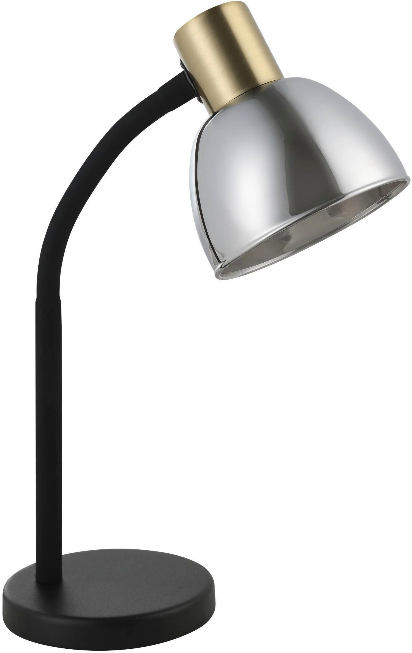 EGLO Tischleuchte Macere Tischlampe, Schreibtischlampe aus Metall und Rauchglas, Lampe, Ein-/Ausschalter, ohne Leuchtmittel, Tischleuchte - L22 x B12 x H34 cm - schwarz, messing-gebürstet