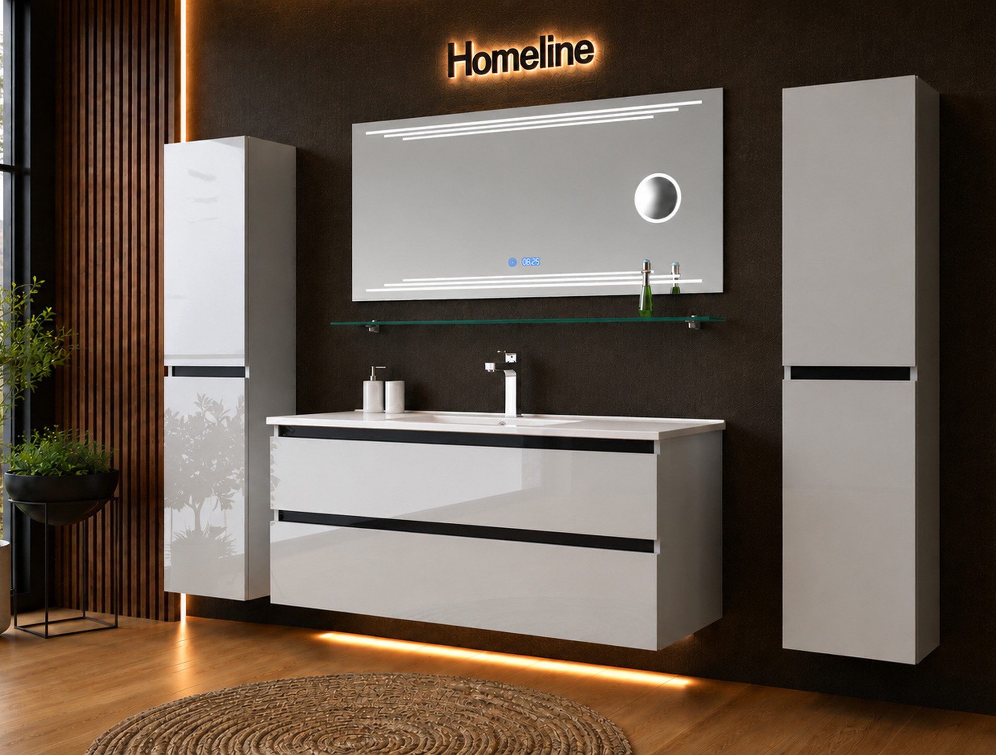 Homeline Badmöbel-Set Badmöbel Set hochschränke Komsetik Spiegel Keramik Becken Hochglanz, (Komplettes Badmöbel Set, 6-St., Badmöbel Set Schwarz Hochglanz 6 Teilig Badezimmermöbel), Hochglanz Optik Mit 2 Schubladen
