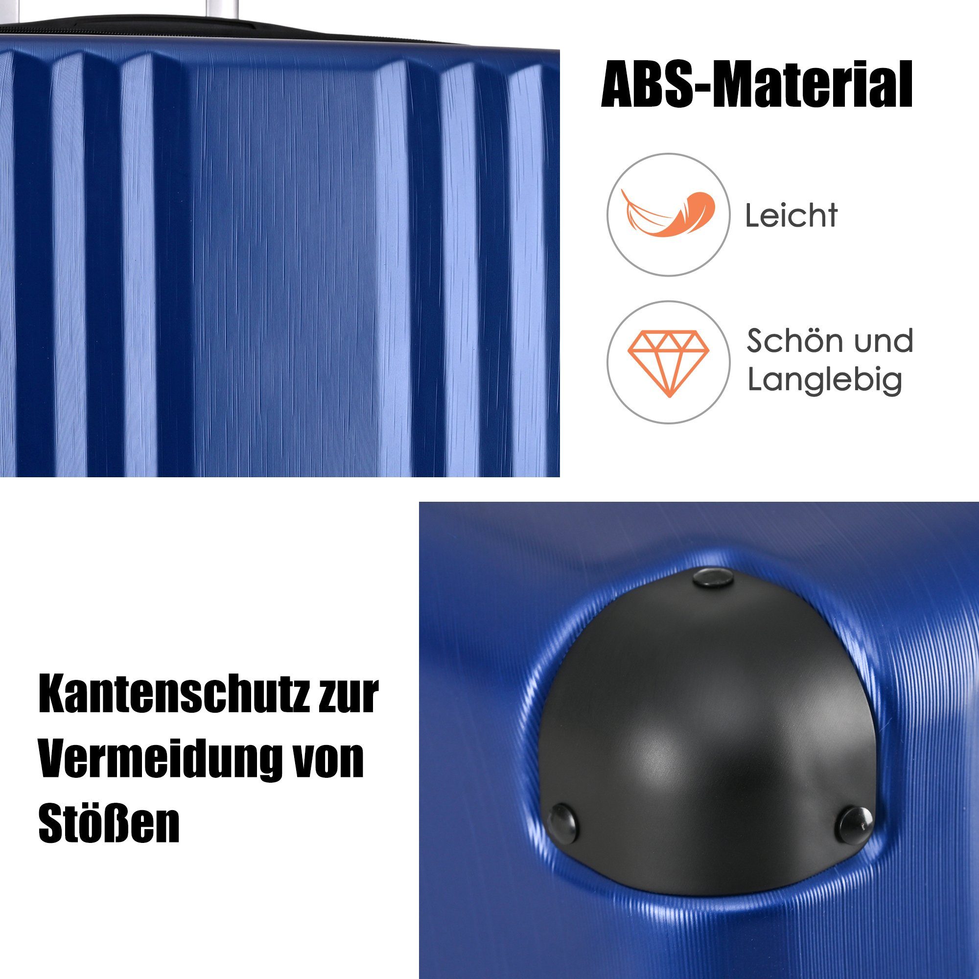 Ulife M-Größe:56.5*37.5*22.5 Blau ABS-Material, TSA Zollschloss, Reisekoffer 4 Handgepäck-Trolley Rollen,