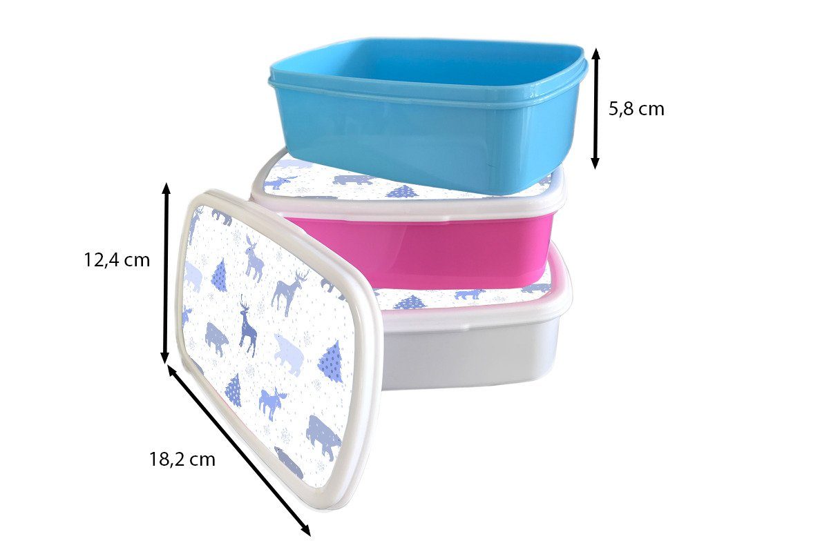 Kunststoff, (2-tlg), Mädchen Kinder MuchoWow Lunchbox Brotdose, Erwachsene, für Muster Jungs Schnee, für Brotbox und und - - weiß Hirsche