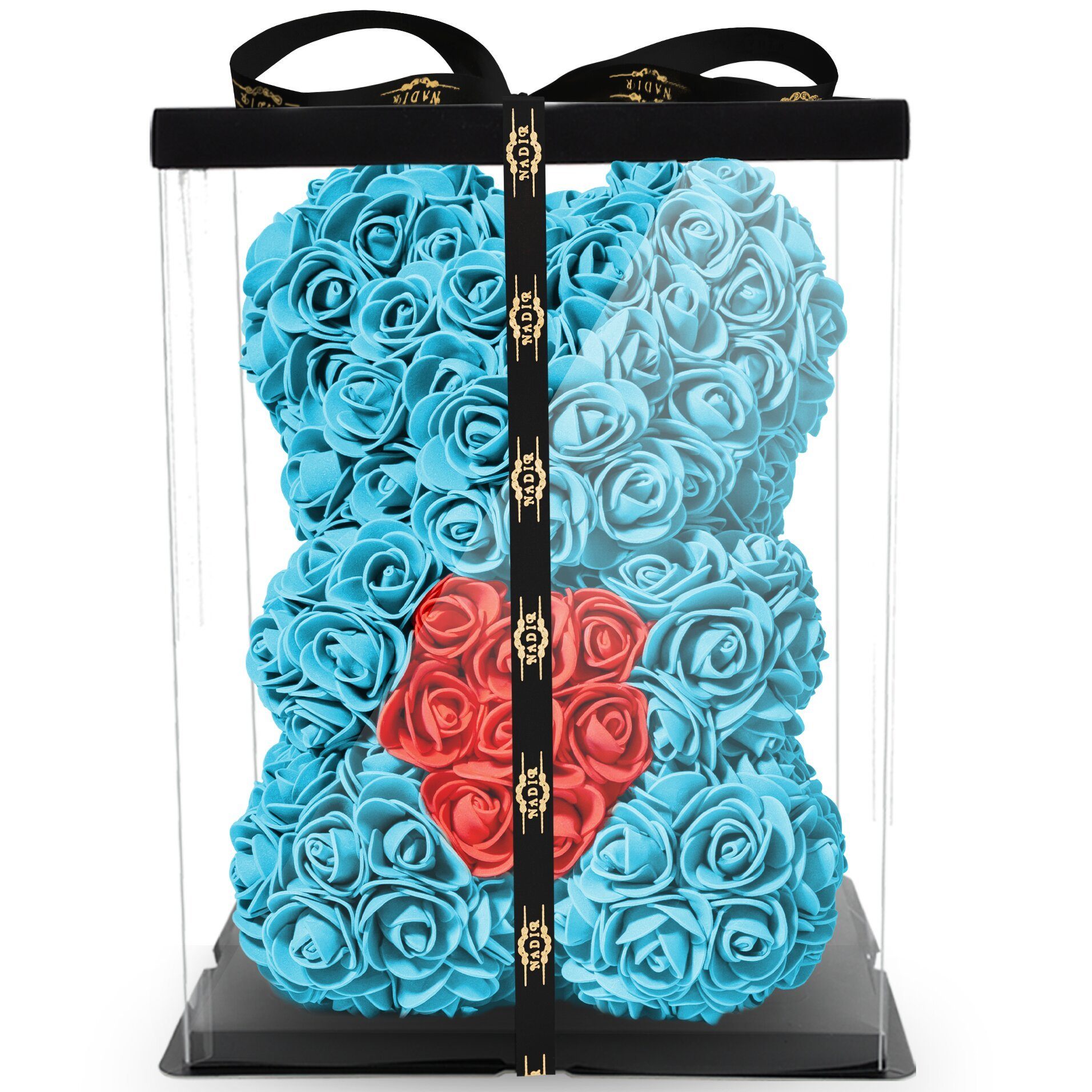 Kunstblume Rosenbär mit Geschenkbox versch. Farben mit Herz - Geschenk für Freundin Jahrestag Geburtstag Hochzeit Geburtstagsgeschenk Freundin 25 cm Ewige Rosen, NADIR