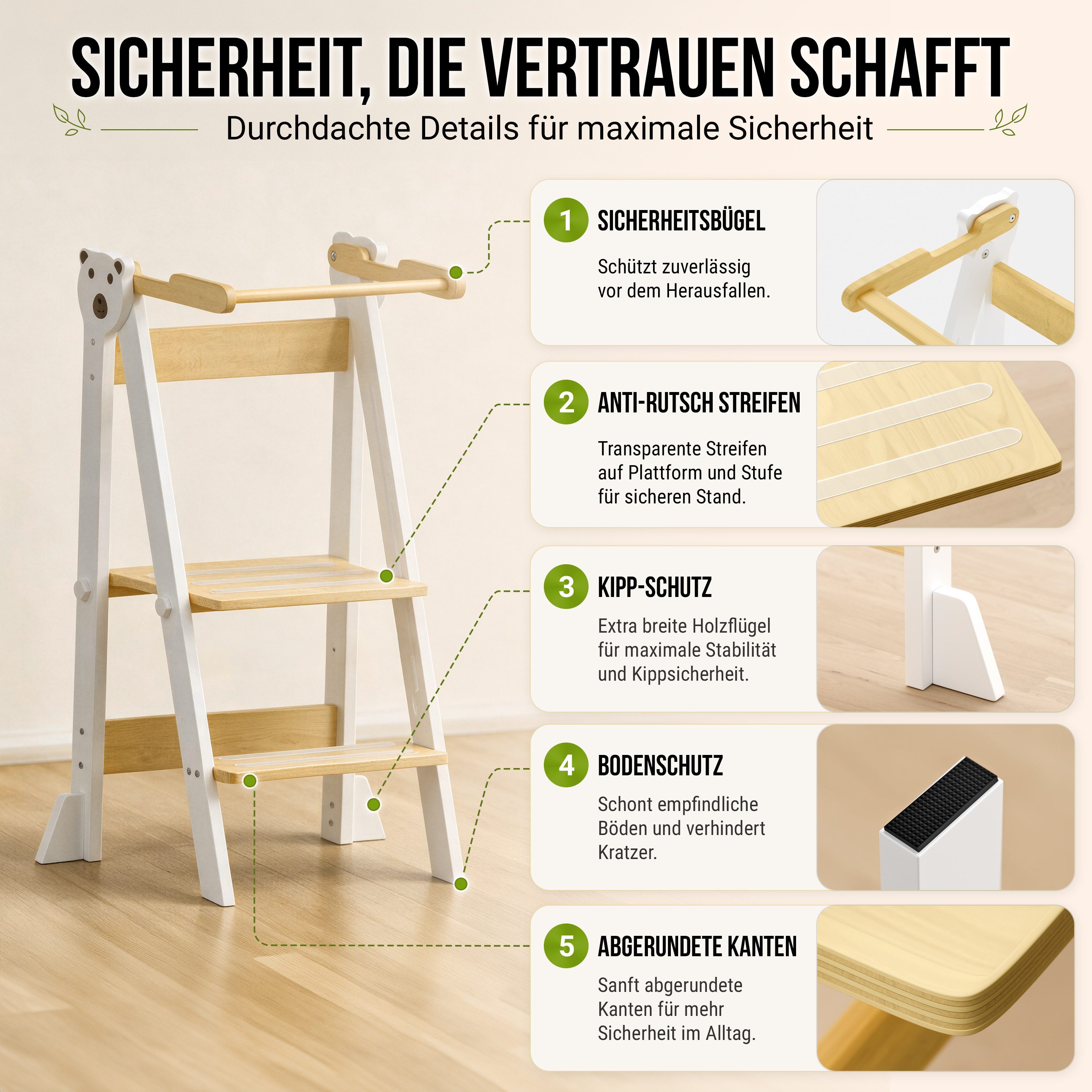 CADANI Stehhilfe JONAS Lernturm ab 1 Jahr klappbar und bis 75 kg belastbar (Weiß Natur, Montessori Küchenhelfer, Massivholz), 3-fach höhenverstellbar, mitwachse – Bild 4 von 5