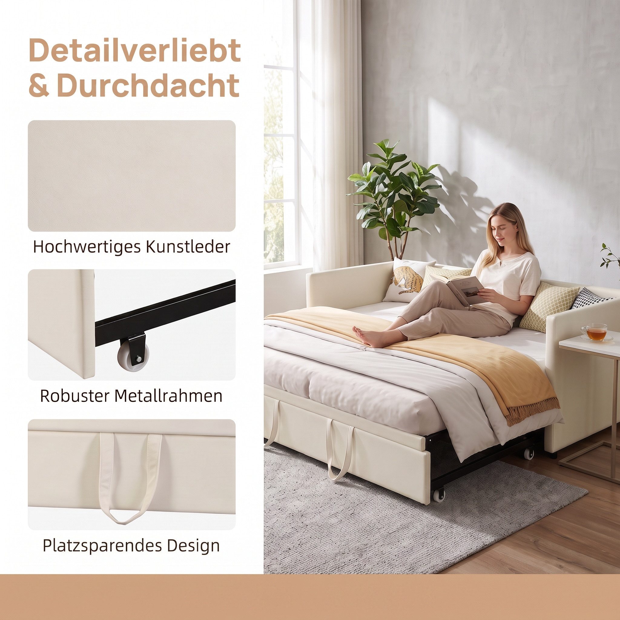 Furnishings Home Polsterbett Daybett Tagesbett Ausziehbett (1 tlg), Schlafsofa, Mit Unterbett, 90x200 cm/180x200 cm, Lattenrost, Samt