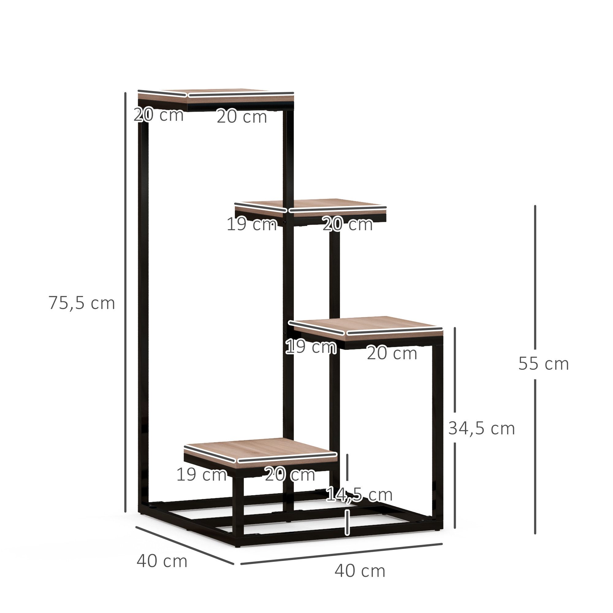 Nettlife Blumenständer Holz Metall 4 Etagen verschiedenen Höhen IndustrieStil Pflanzenregal, für Balkon Terrasse Aufbewahrung von Spielzeug oder Dekoartikeln