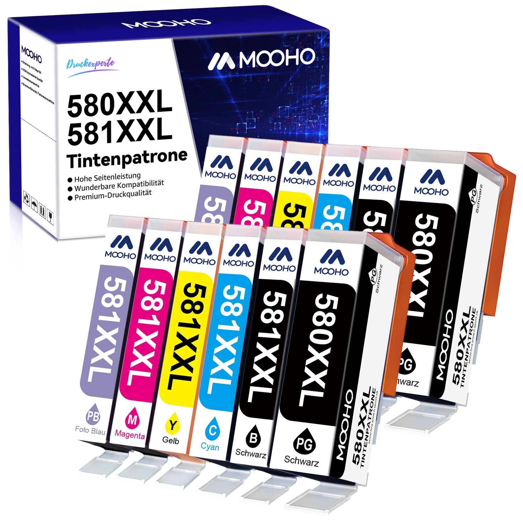 MOOHO PGI-580XXL CLI-581XXL Multipack für CANON 580XL Tintenpatrone (TR8550 TS6350 TS8350 TS6150 TS8150 TS6250 TS9550) 2Foto Blau+2PGBK+2Schwarz+2Cyan+2Magenta+2Gelb (12er-pack) | Tintenpatronen
