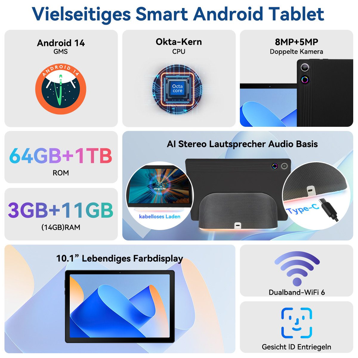 Happybe 10 Zoll Octa Core 14+64 GB ROM Lautsprecher-Dock HD Display WiFi6 Tablet (10", 64 GB, Android, WiFi6, BT 5.0)