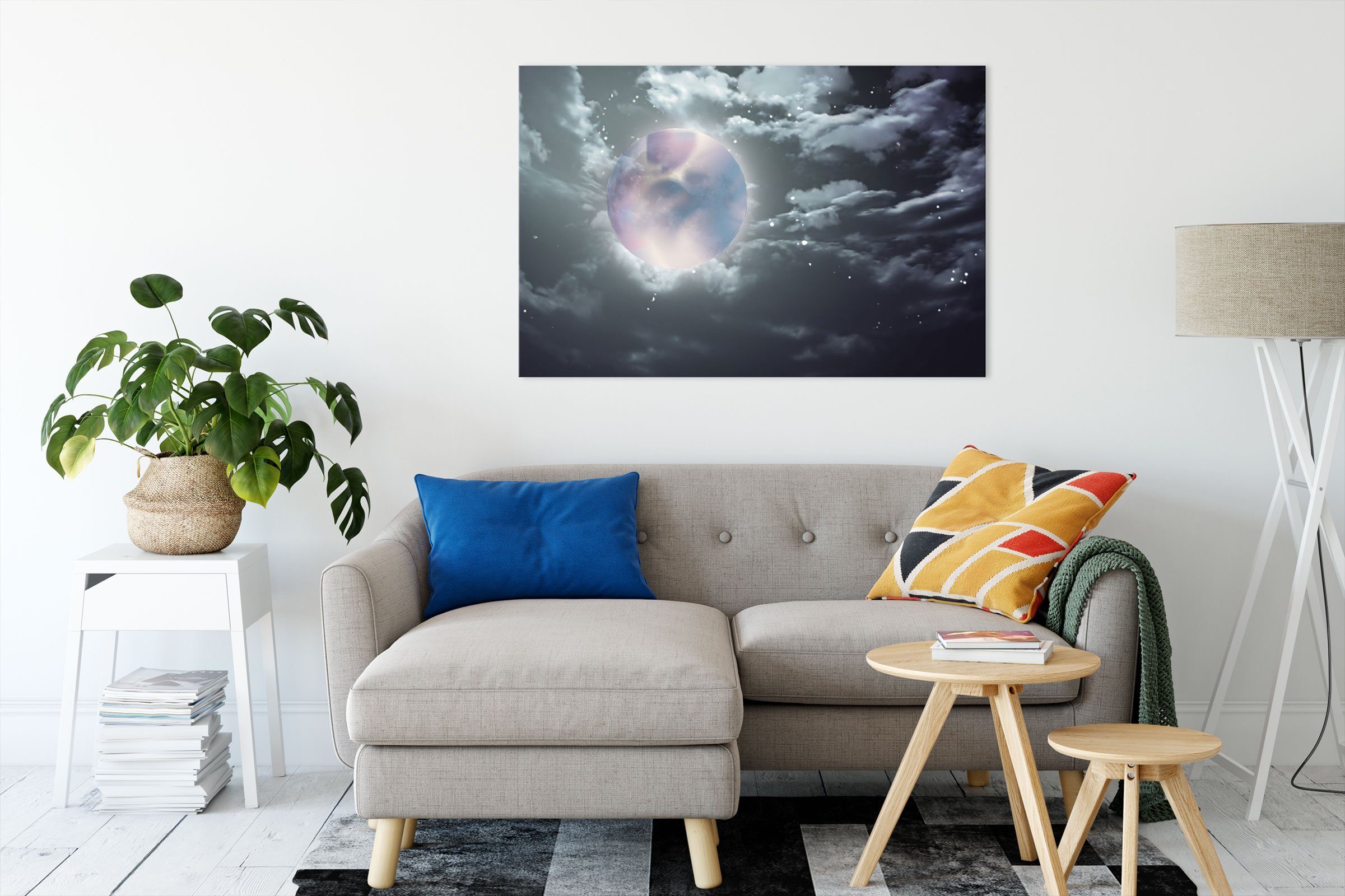 Pixxprint Leinwandbild Vollmond Sterne bespannt, Zackenaufhänger fertig Sterne Wolken Vollmond (1 Leinwandbild Wolken, St), inkl