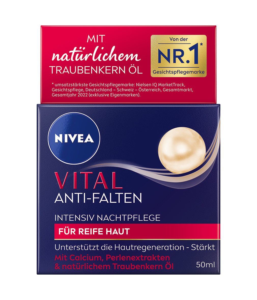 Nivea Nachtcreme VITAL Anti-Falten Intensiv reife Haut 2 x 50 ml, 2-tlg., Calcium, Perlenextrakte