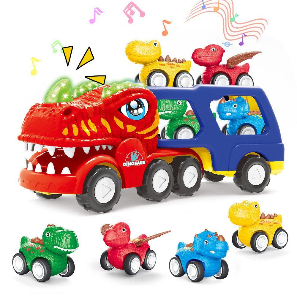 XDeer Autorennbahn Dinosaurier Іграшки ab 2 3 4 Jahre, 4 in 1 Dino Truck für Kinder, mit Brüllen Sound & Lichter, Reibungsbetrieben Autotransporter
