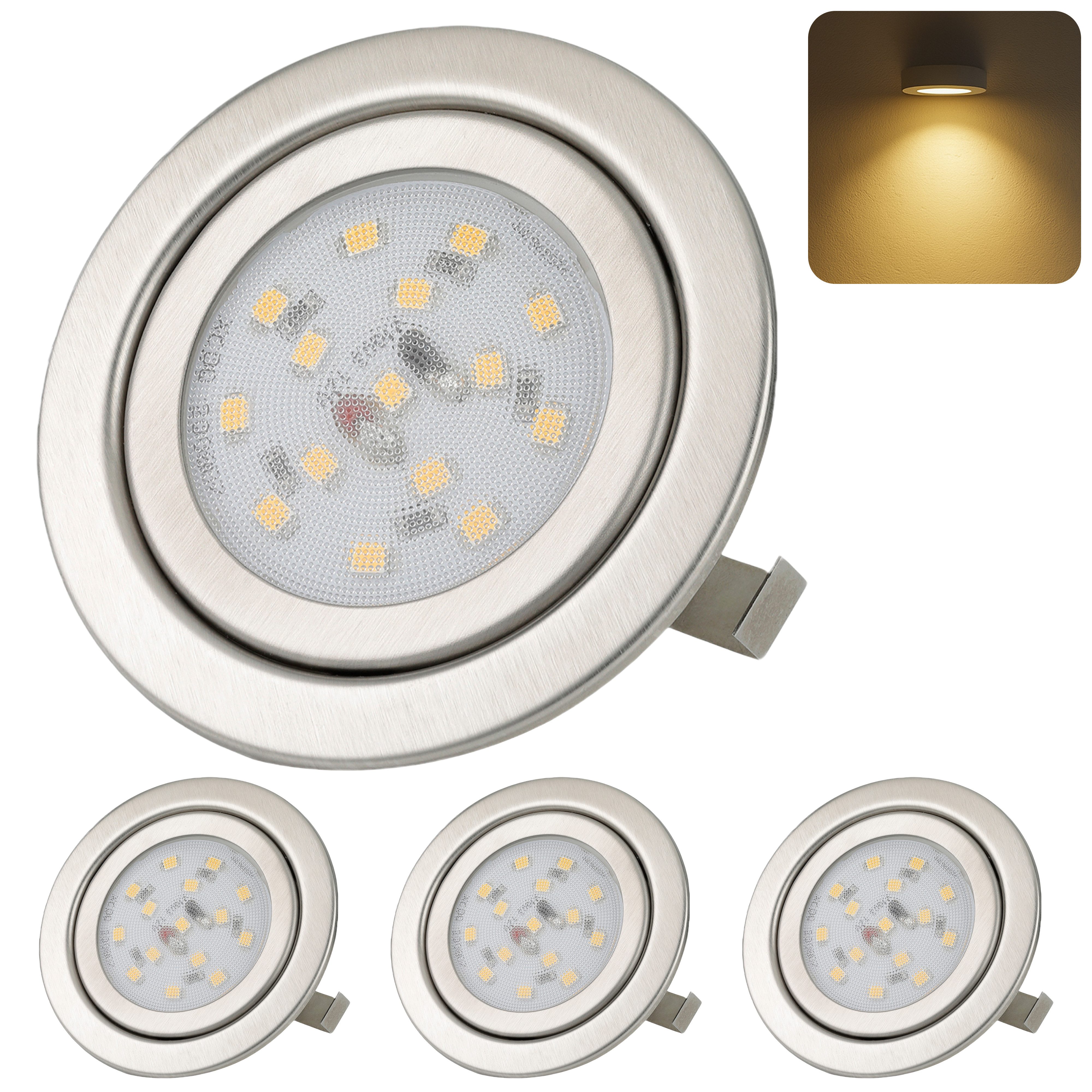 Sweet LED LED Einbaustrahler 4er Set Möbel rund chrom-gebürstet Einbauspots 230V, 3000K-Warmweiß, Deckenspots, Deckenstrahler,Einbauleuchten