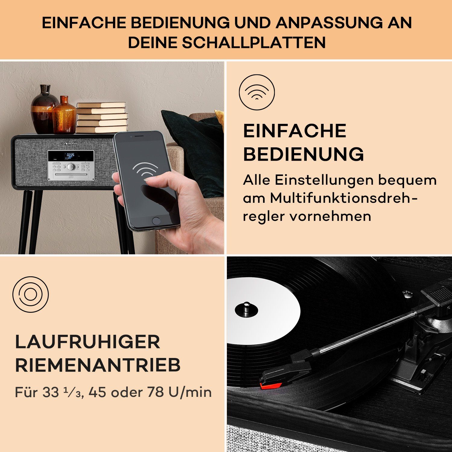 Auna Mary Ann Bluetooth;CD, Retro Fernbedienung) MP3 CD DAB+ Player Audio UKW Player Plattenspieler (Riemenantrieb, Schwarz Radio