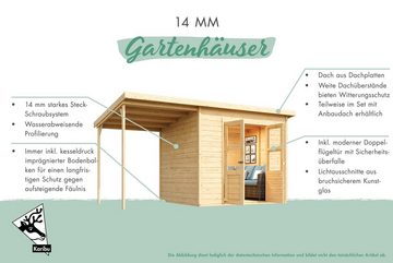 Karibu Gartenhaus "Moordeich 4" SET naturbelassen mit Anbaudach, BxT: 390x236 cm, aus hochwertiger nordischer Fichte