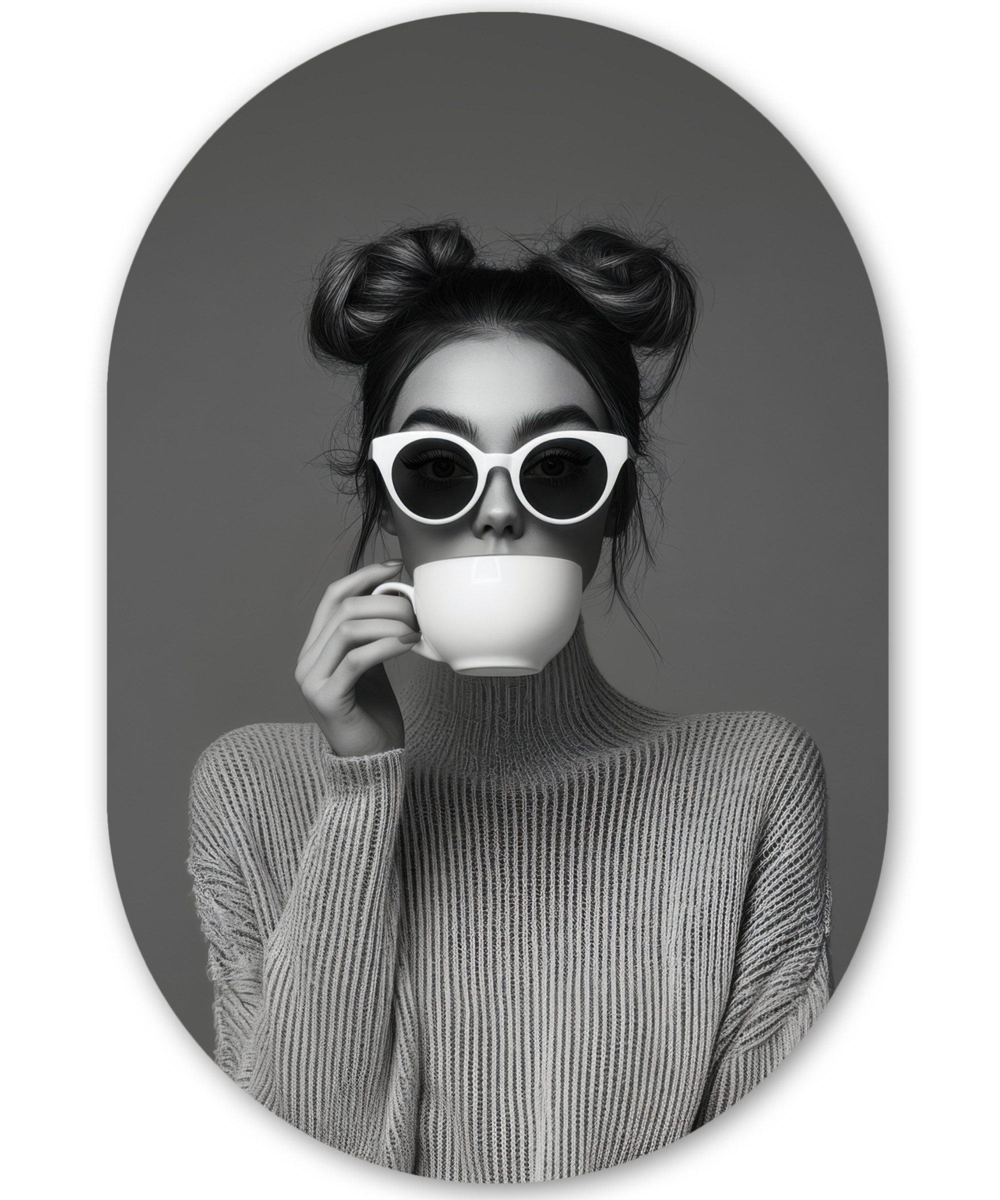 MuchoWow Gemälde Frau - Kaffee - Schwarz - Weiß, Fotodruck (1 St), Wandbild Oval, Wohnzimmer oder Schlafzimmer Wanddekoration, 40x60 cm