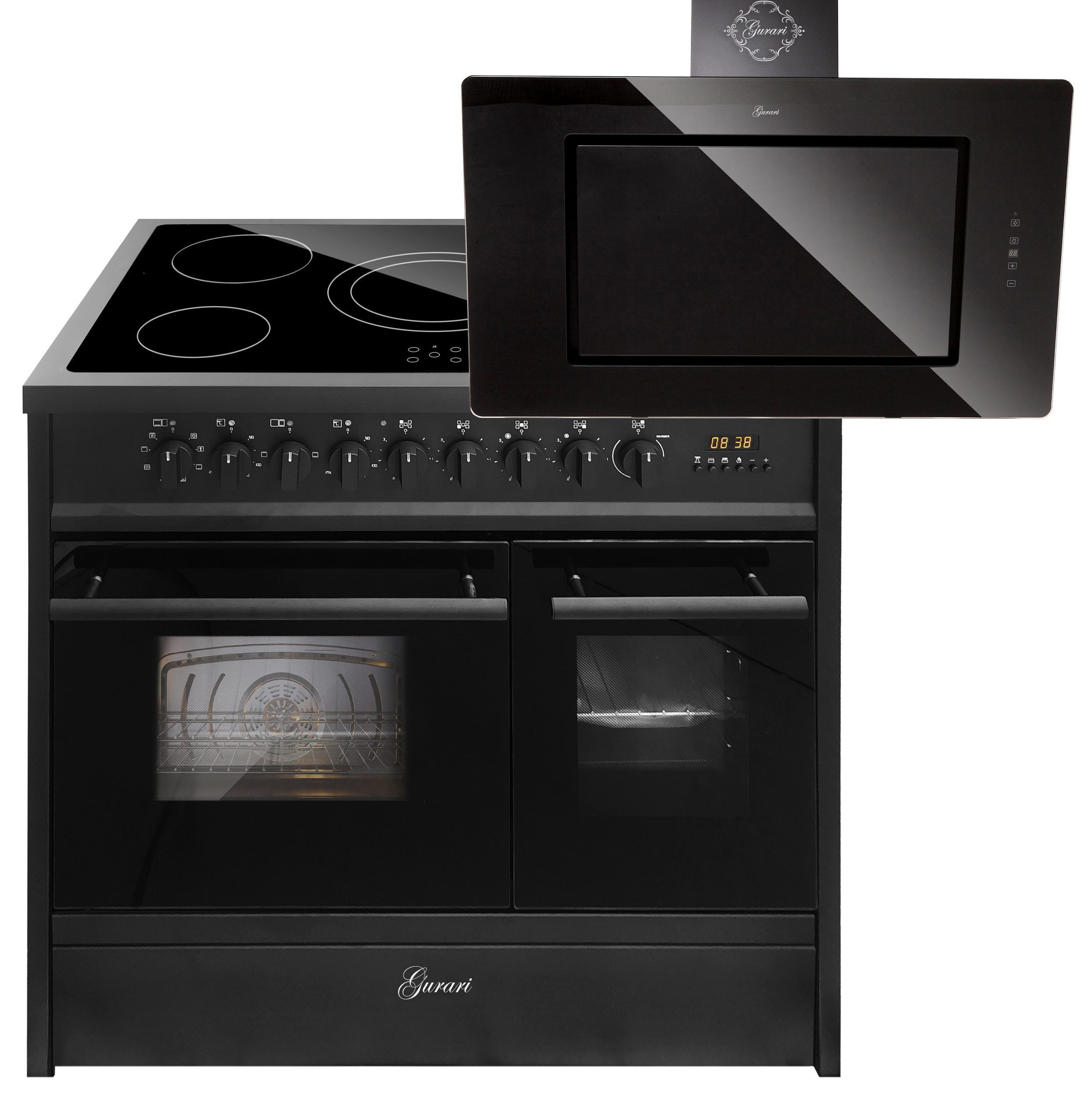 GURARI Elektro-Standherd Glaskeramik Herd 90 cm Schwarz Range Cooker Elektro Doppelbackofen mit Dunstabzugshaube 90 cm GCH E 912 DF BL+GCH S 155 BL 90 Prime N., mit 1-fach-Teleskopauszug, Elektro-Standherd Glaskeramik Herd 90 cm+Dunstabzugshaube 90 cm