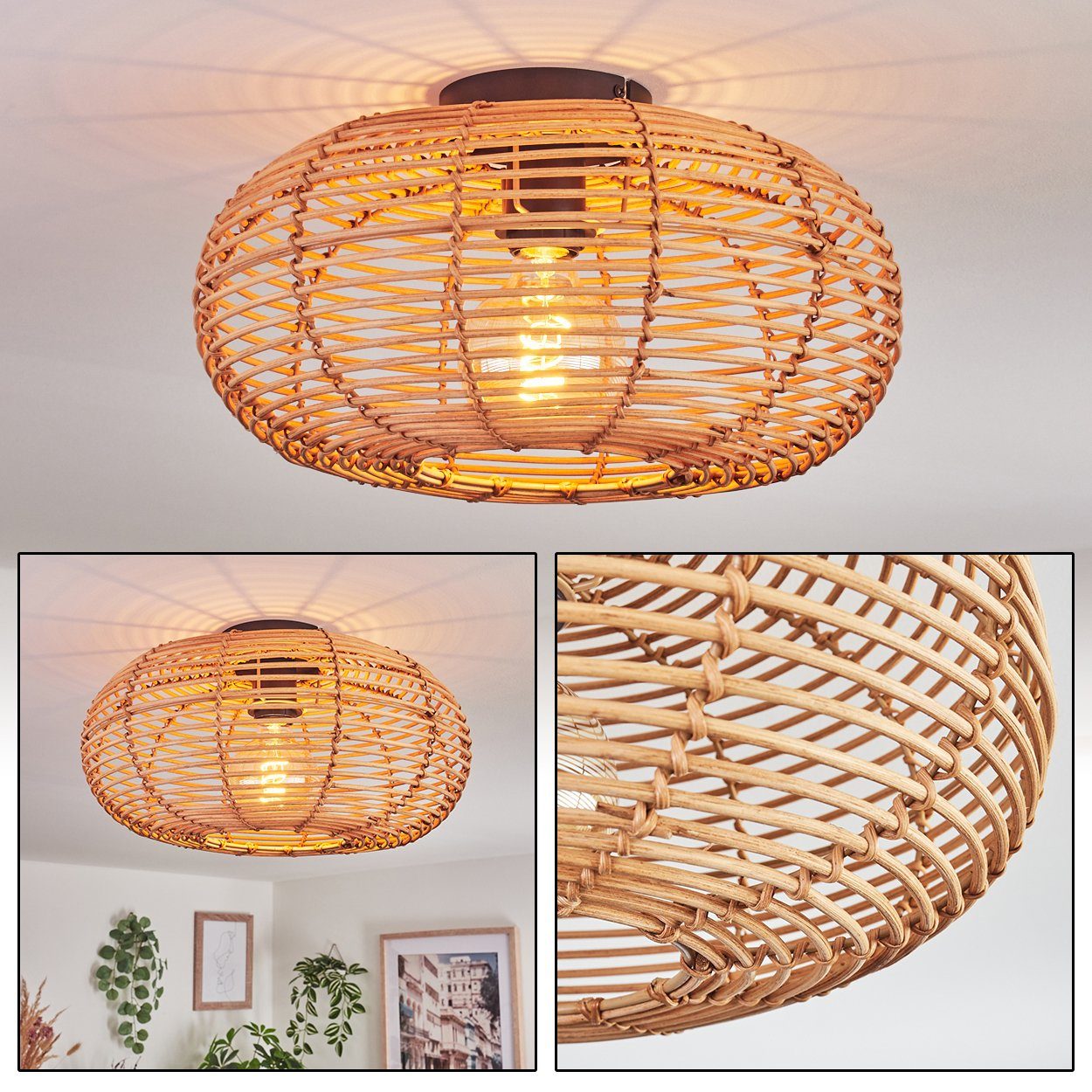 hofstein Deckenleuchte »Messerotti« runde Design Leuchte ohne aus Deckenlampe Boho Leuchtmittel, mit in Lichteffekt, Ø40cm, 1xE27 tollem Bambus/Metall im Natur/Schwarz