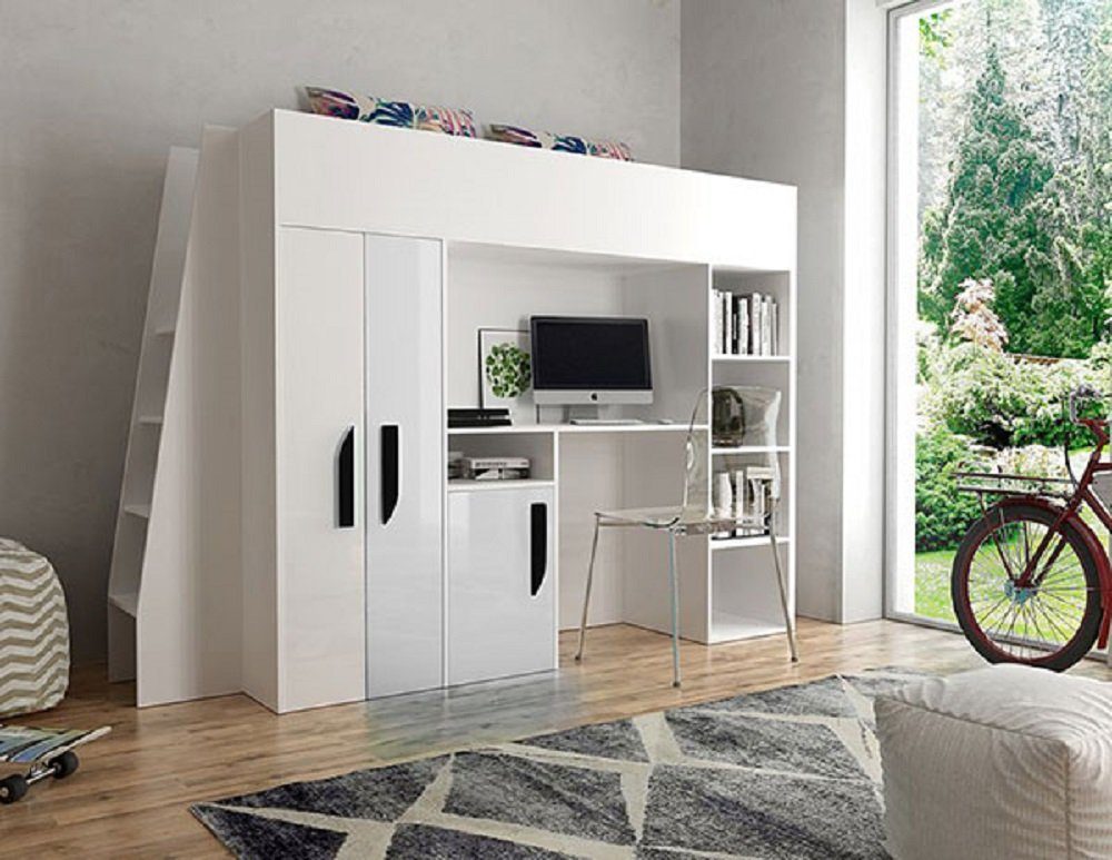 Feldmann-Wohnen Hochbett PARTY (Etagenbett, mit Schrank und Schreibtisch) Farbe wählbar weiß / weiß Hochglanz - Griffe schwarz