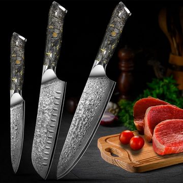KingLux Messer-Set 3tlg.Damast Küchenmesser Set Chefmesser Santokumesser Allezweckmesser (3-tlg)