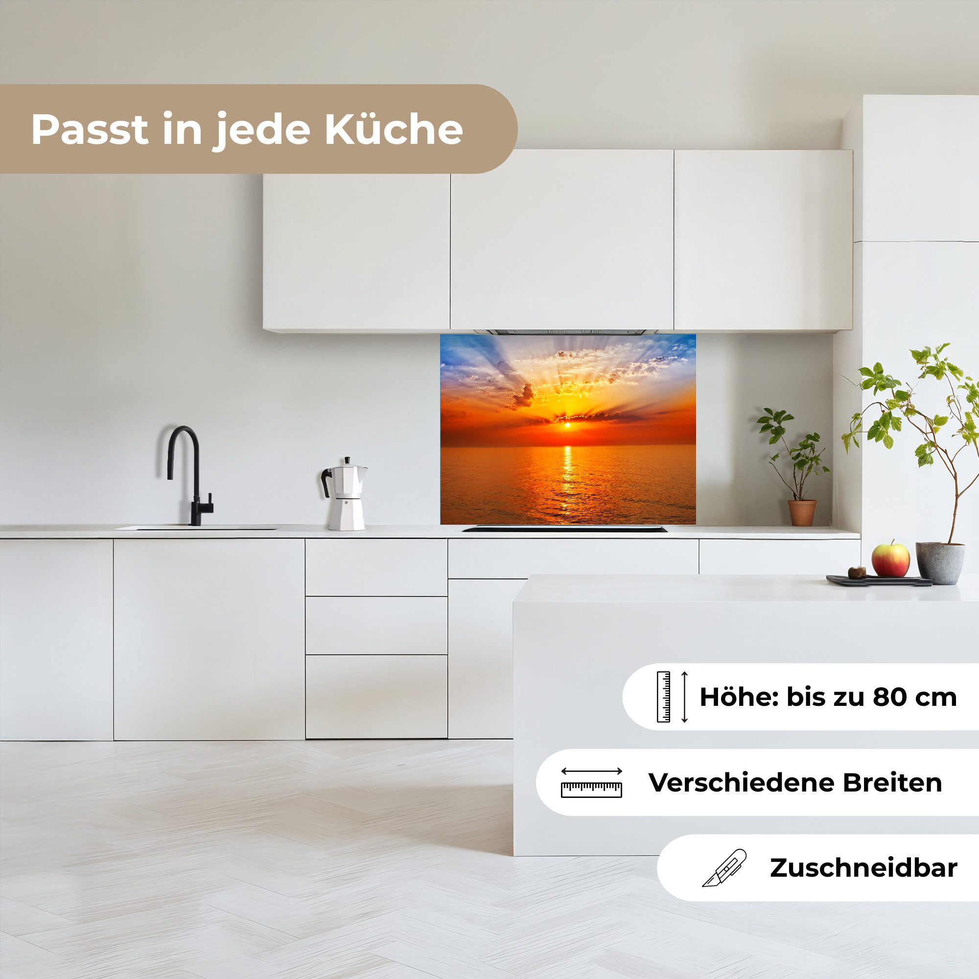 KitchenYeah Küchenrückwand selbstklebend Sonnenuntergang - Meer - Himmel - Orange - Horizont - Wa, (1-tlg), Spritzschutz, Küche, Rückwand, Küchenwand, Küchenfro – Bild 4 von 5