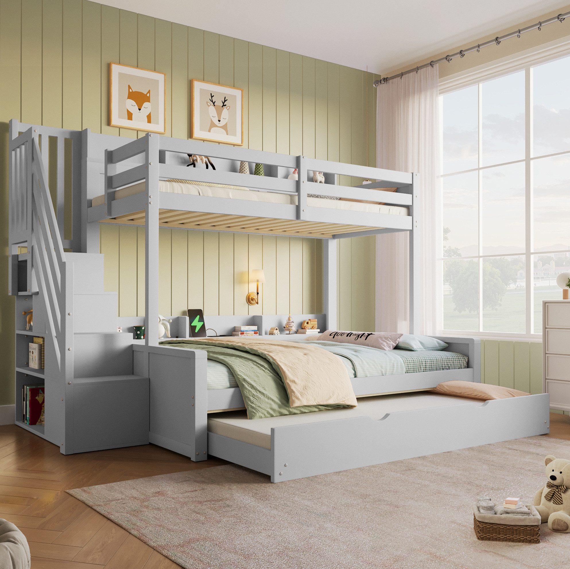 OKWISH Hochbett Etagenbett 90x200 cm über 140x200 cm Massivholz mit USB (Packung, 1-St., Multifunktionsbett ohne Matratze für modernes Kinderzimmer) Stockbett mit Ausziehbett und integrierter Aufbewahrungslösung