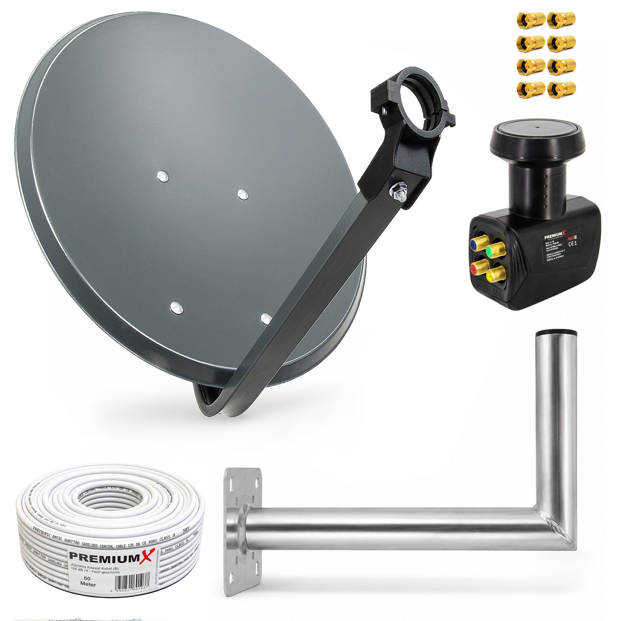 PremiumX SAT Anlage 80cm Antenne Quad LNB 50m Kabel Wandhalter 45cm SAT-Antenne