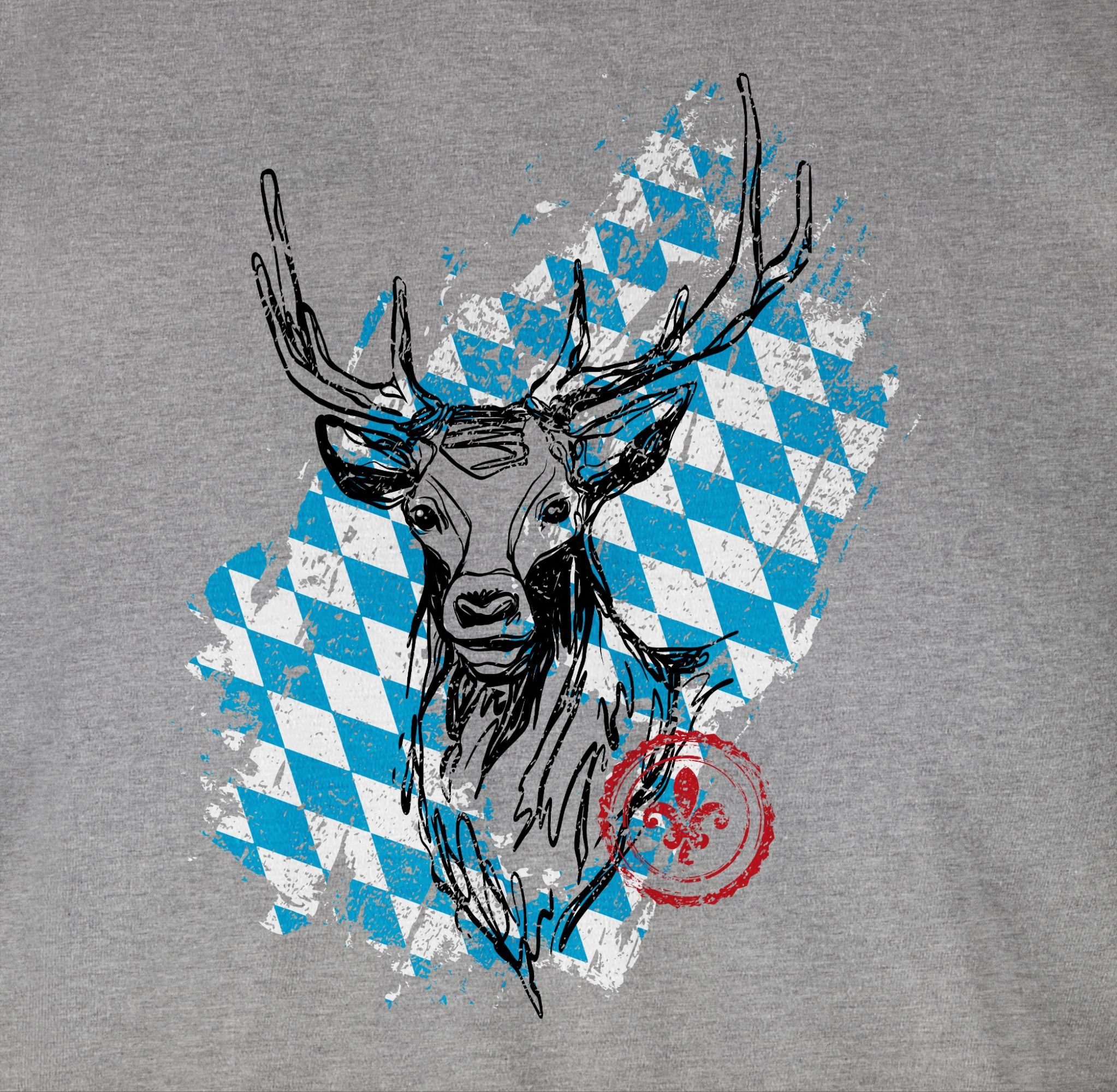 Shirtracer 2 Oktoberfest Mode Grau Hirsch Wappen mit für T-Shirt meliert bayrischem Herren