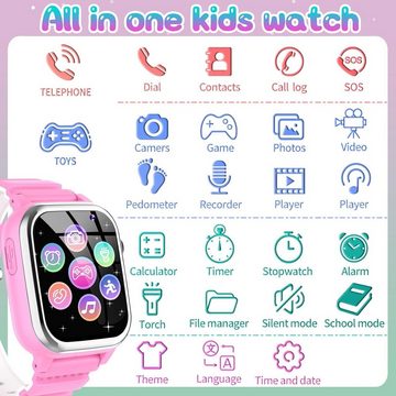 JUBUNRER Smartwatch (SIM Karte), 26 Spiele Telefon Schrittzähler Kalorien SOS für Kinder Jungen Mädchen