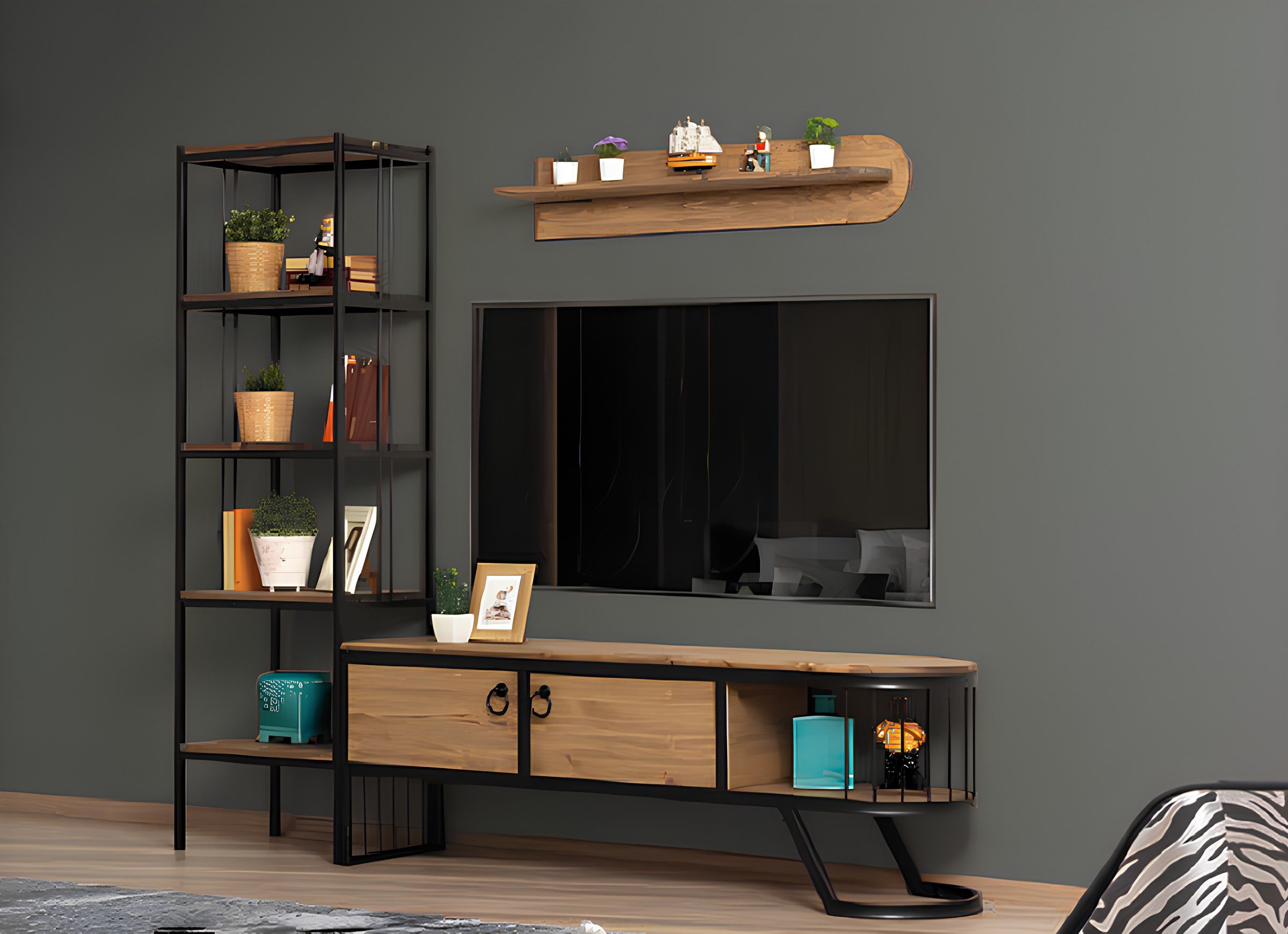 Wohnzimmer-Set Holz TV Lowboard Wohnzimmer Regal Set 3-teilig Braun