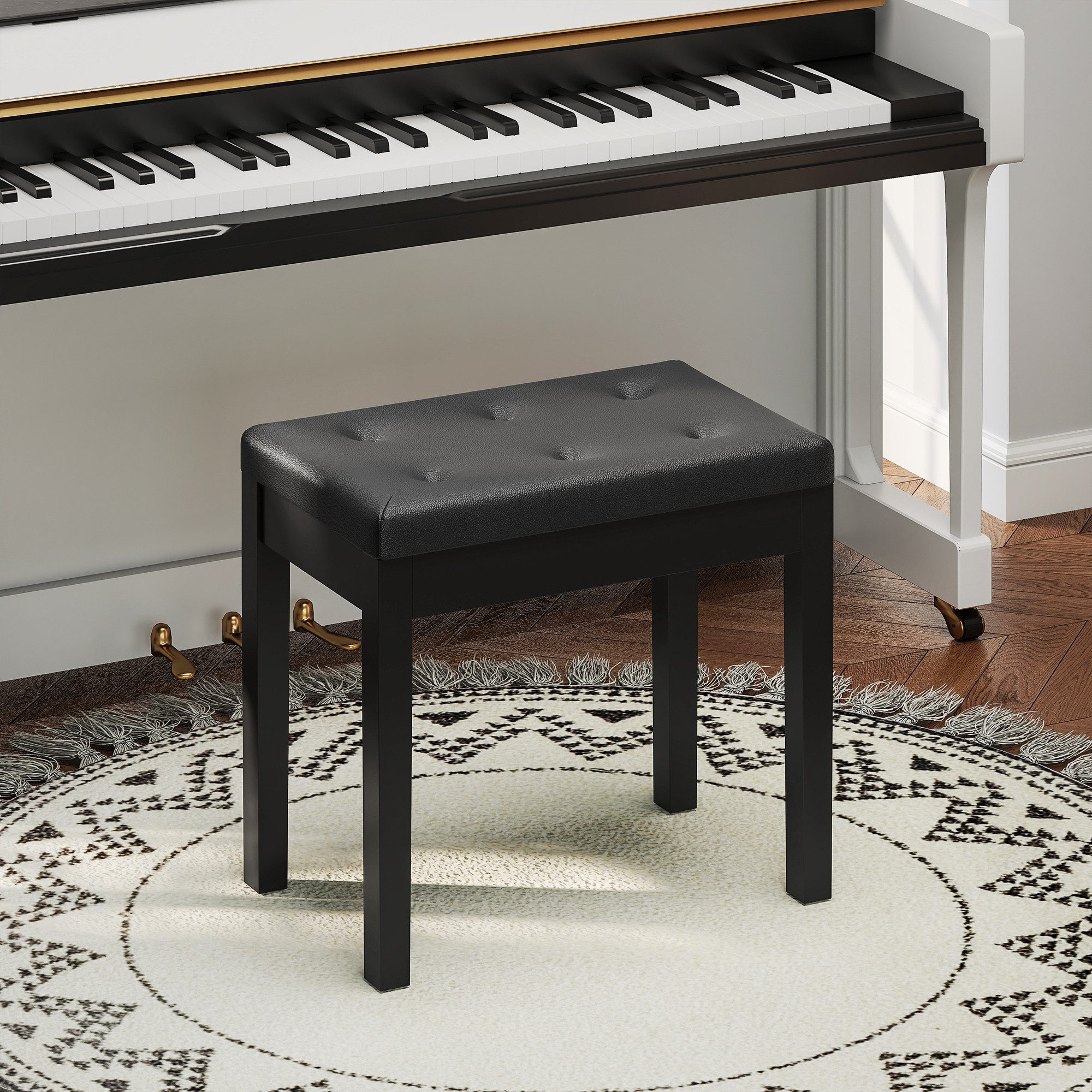 HOMCOM Klavierbank Klavierhocker mit Stauraum, Holzbeine Pianobank (Pianobank, 1-St., Klavierhocker), Kunstleder, Schwarz, 55 x 34 x 50 cm