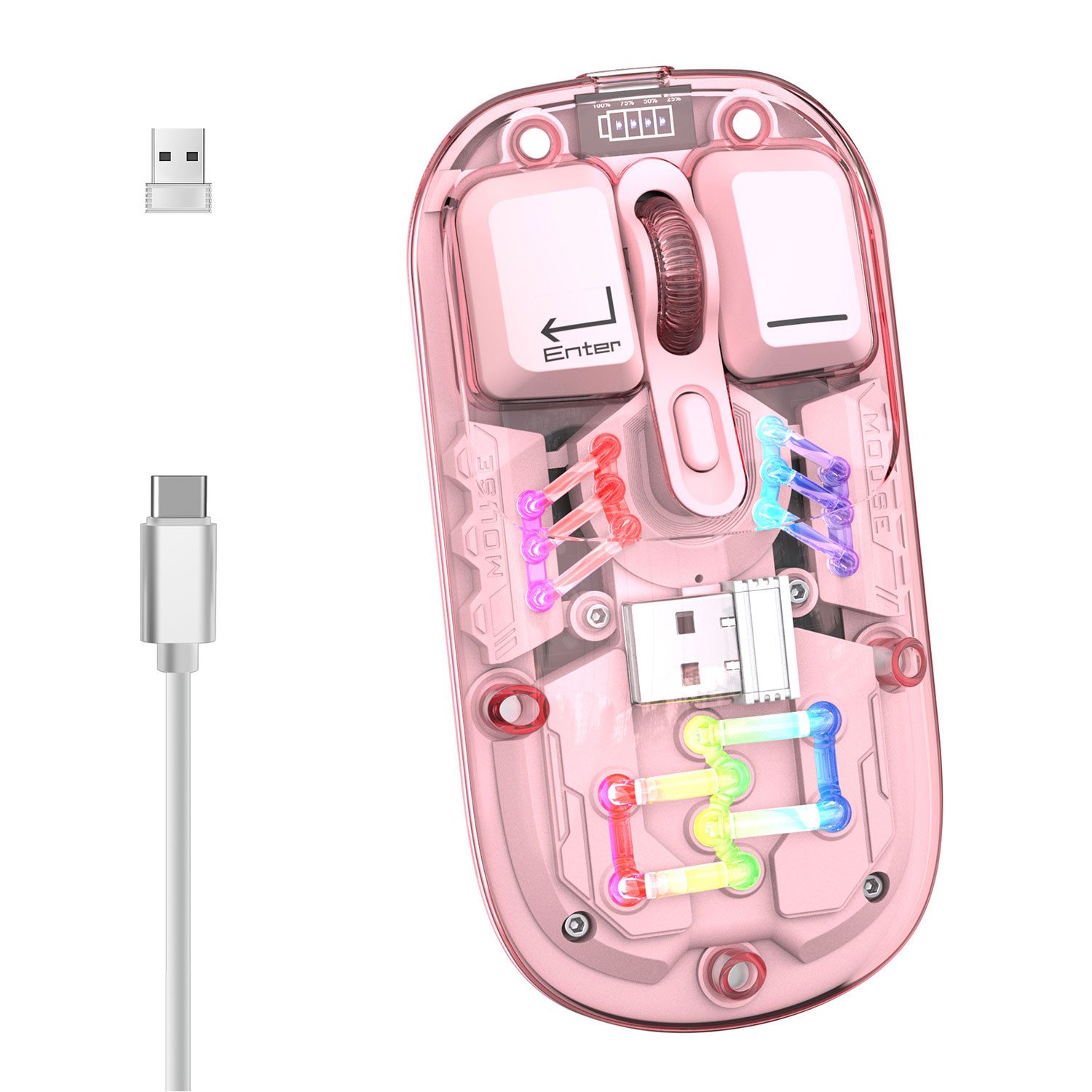 Refttenw Kabellose Bluetooth-Maus Transparente Mechanische BT+2,4 G Dualmodus Maus (1600 dpi)