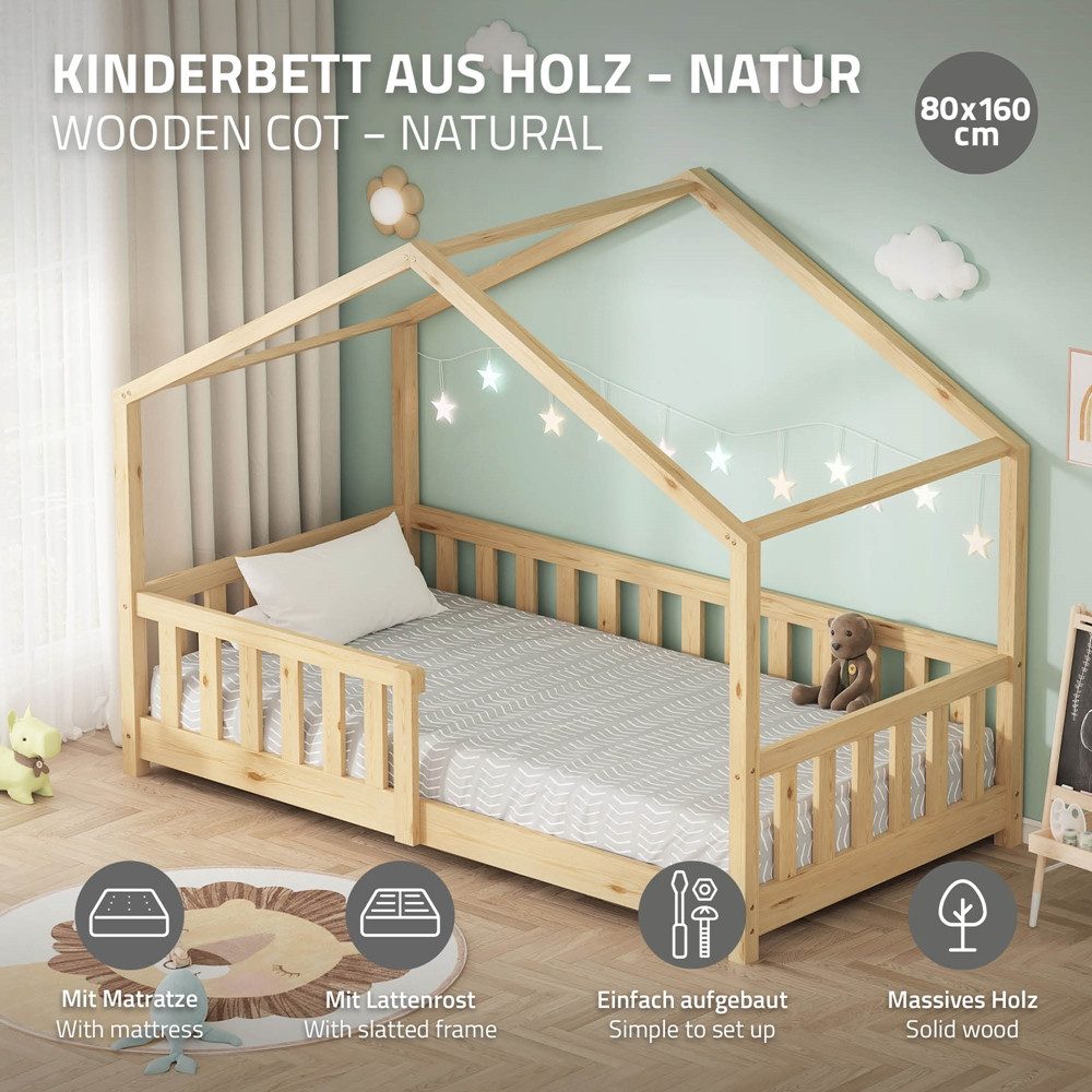 ML-DESIGN Spielbett Hausbett Kinderbett inkl. Lattenrost & Rausfallschutz Kinder Bodenbett, Abenteuerbett 80x160cm mit Matratze Himmelbett Kiefer Jugendbett Nat – Bild 2 von 5