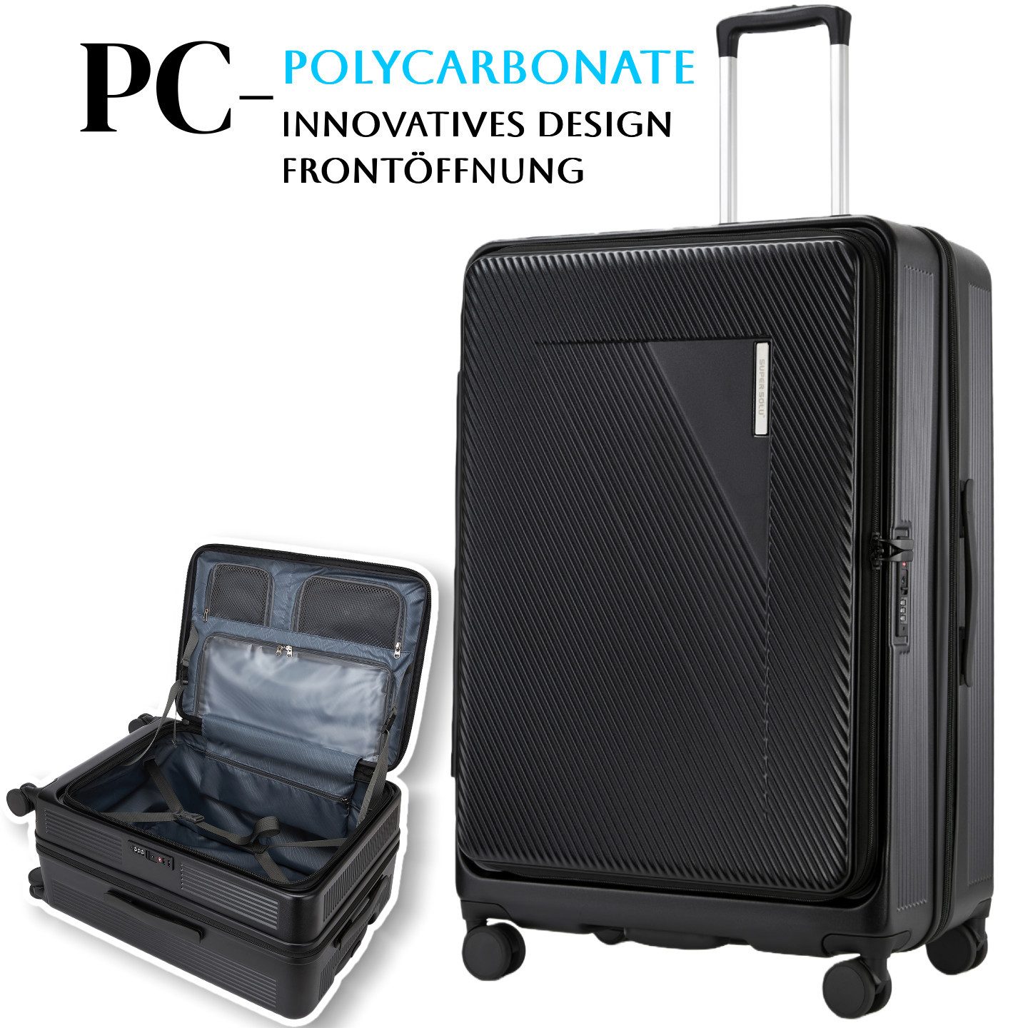 Super Solu Hartschalen-Trolley Erweiterbarer Reisekoffer mit Frontöffnung, Hartschalenkoffer 100% PC, 4 Rollen, 360° Doppelrollen, 28Zoll/76cm, Stoßfester Koffer mit TSA, Schwarz