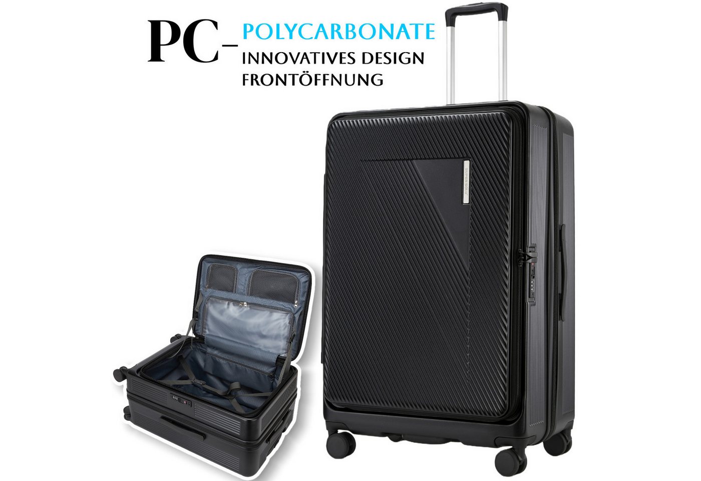Super Solu Hartschalen-Trolley Erweiterbarer Reisekoffer mit Frontöffnung, Hartschalenkoffer 100% PC, 4 Rollen, 360° Doppelrollen, 24Zoll/66cm, Stoßfester Koffer mit TSA, Schwarz