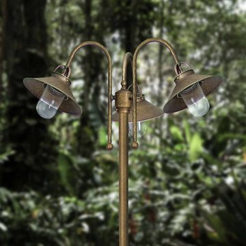 Licht-Erlebnisse Außen-Stehlampe GIADA, ohne Leuchtmittel, IP44 in Bronze Antik matt 3-flammig E27 210 cm Glas Echt-Messing Hof