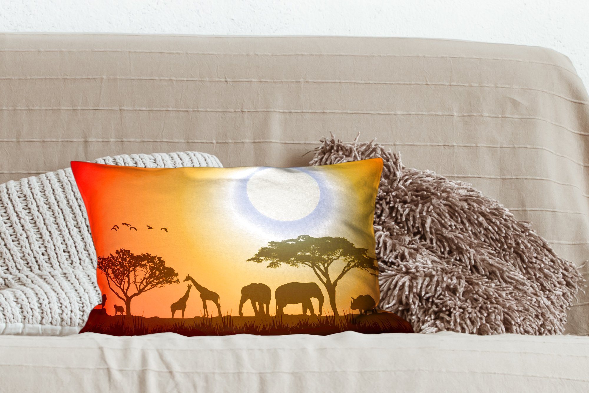- Füllung, Wilde Zierkissen, Wohzimmer Dekoration, Afrika, Dekokissen MuchoWow - Schlafzimmer Dekokissen Tiere mit Elefant