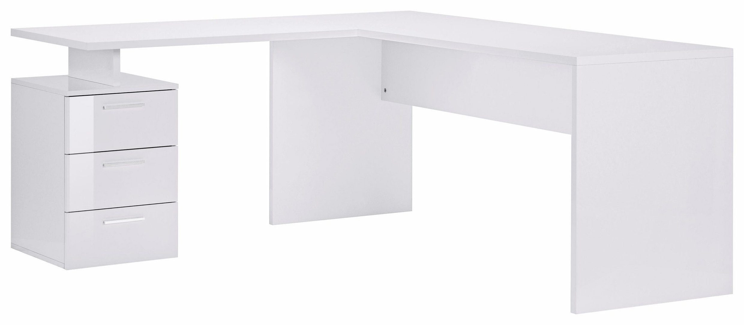 möbelando Schreibtisch Novara, Moderner Schreibtisch aus Spanplatte in Weiß-Hochglanz  mit 3 Schubkästen. Breite 160 cm, Höhe 75 cm, Tiefe 180 cm