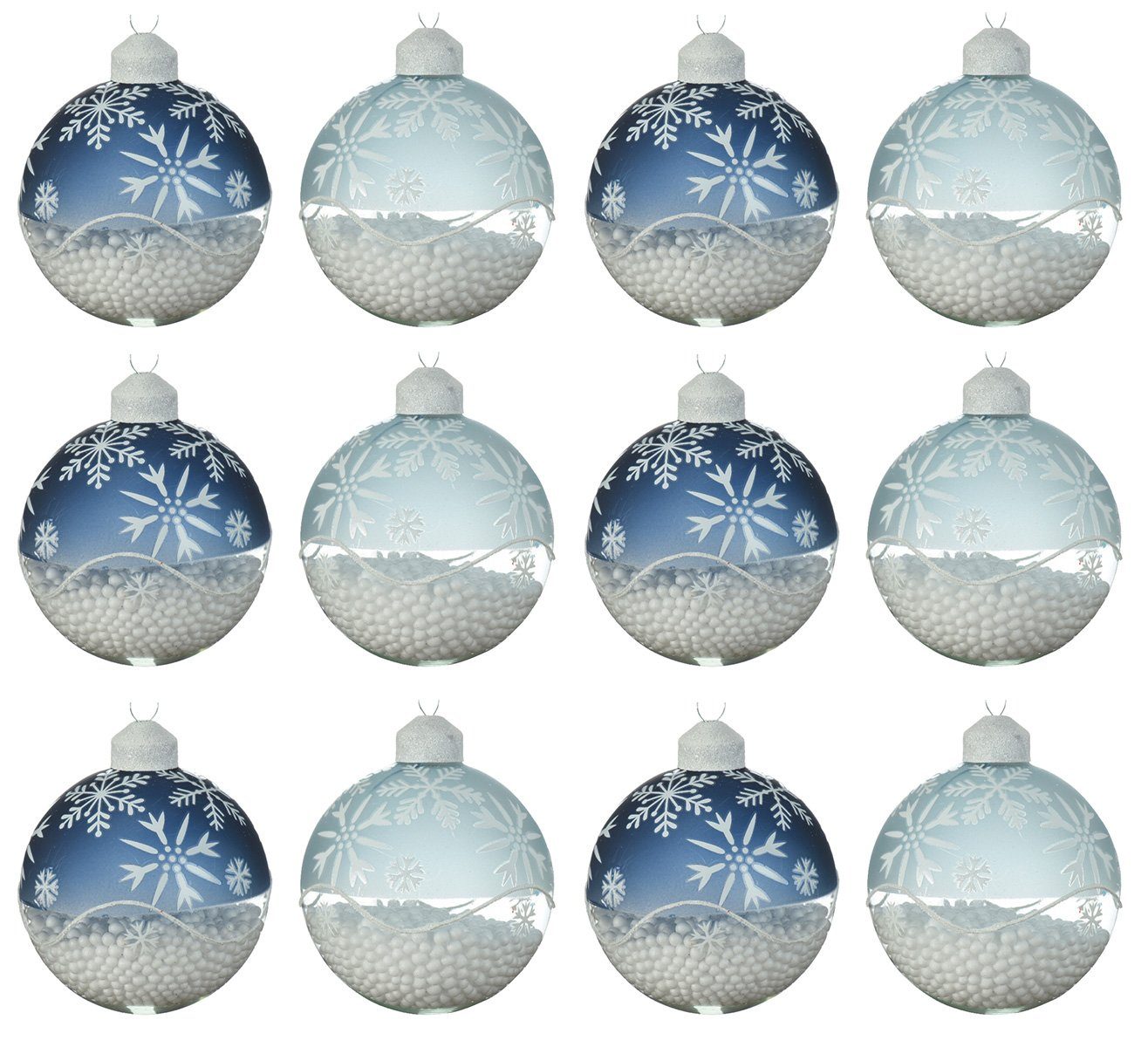 Decoris season decorations Weihnachtsbaumkugel, Weihnachtskugeln Glas 8cm mit Schneeflocken Motiv 12er Set blau mix