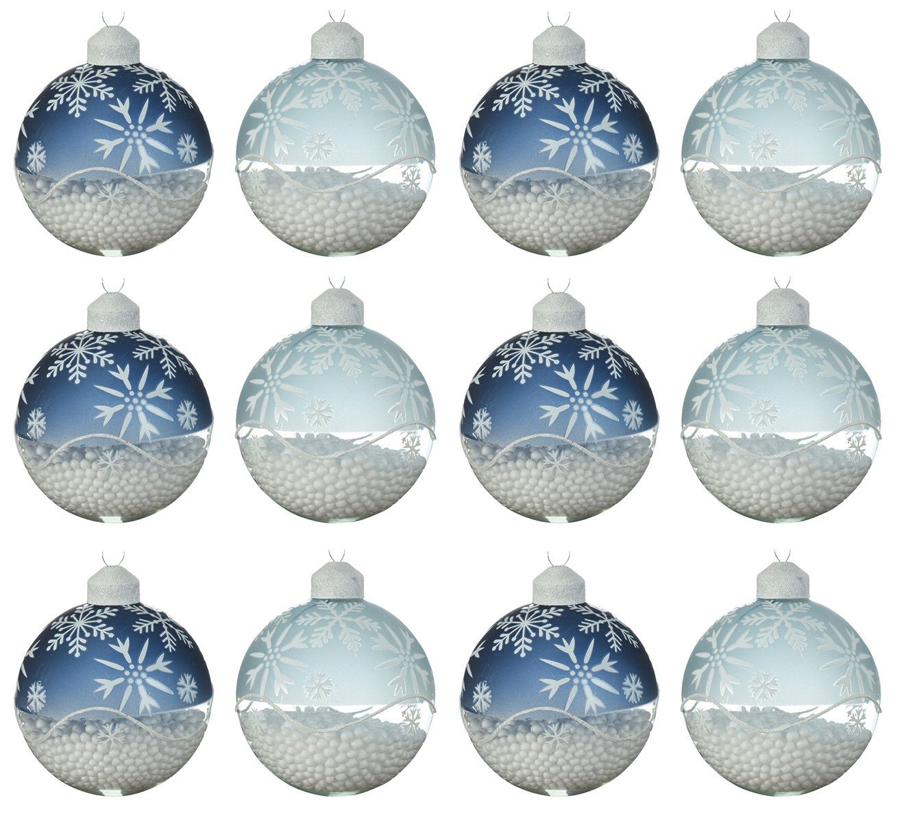Kaemingk Weihnachtsbaumkugel, Weihnachtskugeln Glas 8cm mit Schneeflocken Motiv 12er Set blau mix