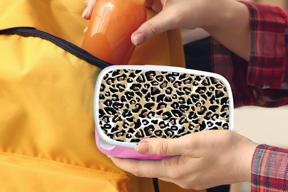 MuchoWow Lunchbox Panther Druck - rosa Aquarell Snackbox, Mädchen, Kunststoff, Brotdose Kinder, - Erwachsene, Kunststoff für (2-tlg), Braun, Brotbox