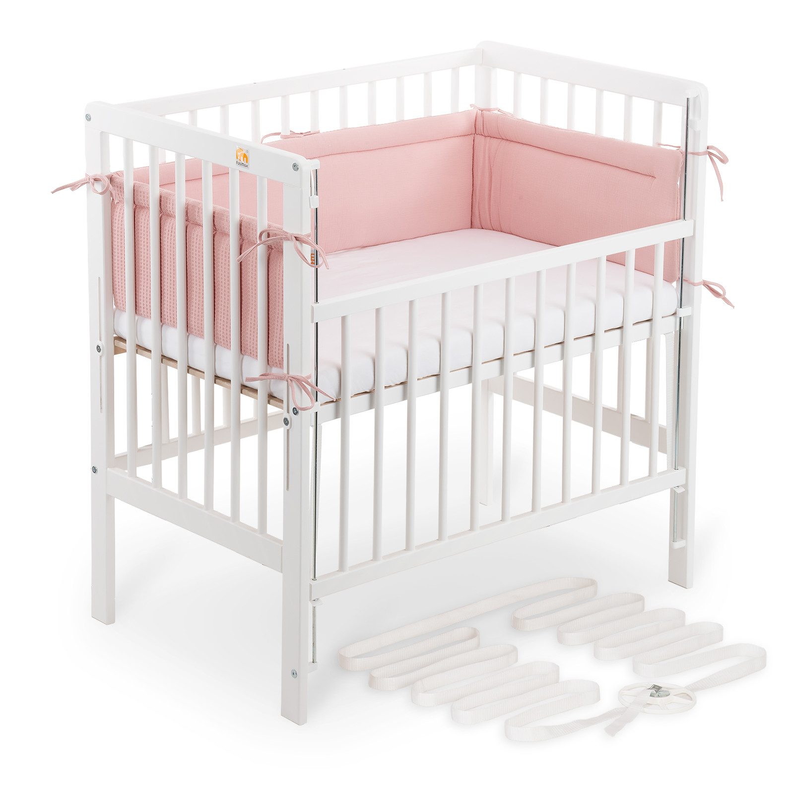 FabiMax Beistellbett Beistellbett Flex 90x55, TÜV geprüft, aus Buchenholz weiß lackiert, stufenlos höhenverstellbar, passend für Boxspringbetten, 2 in 1