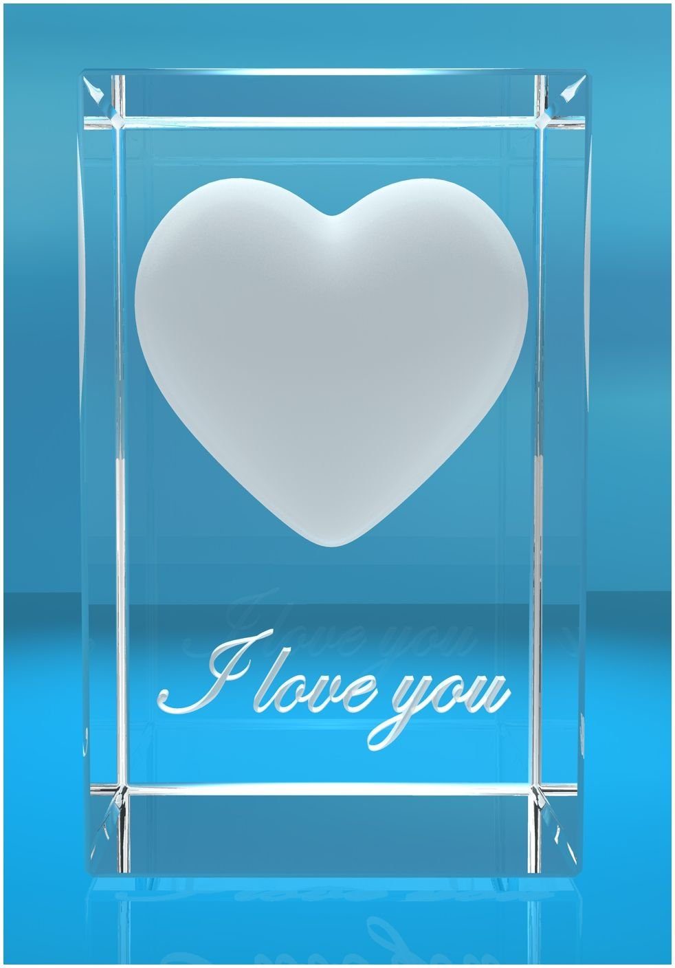 VIP-LASER Dekofigur 3D Glasquader I Herz I Text: I love you, Hochwertige Geschenkbox, Made in Germany, Familienbetrieb